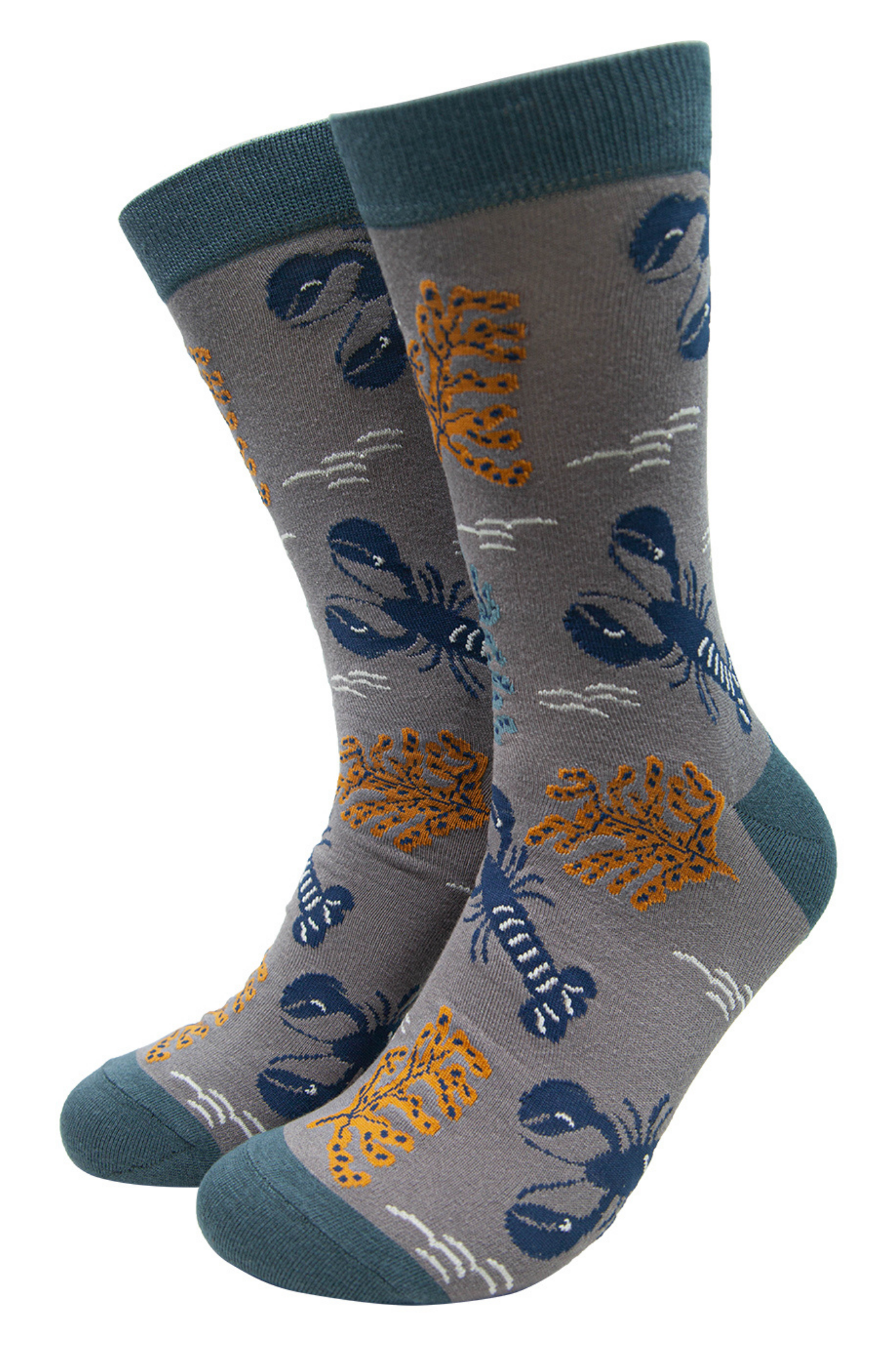 grey dress socks with a pattern of blue lobsters abd seaweed, like under the sea