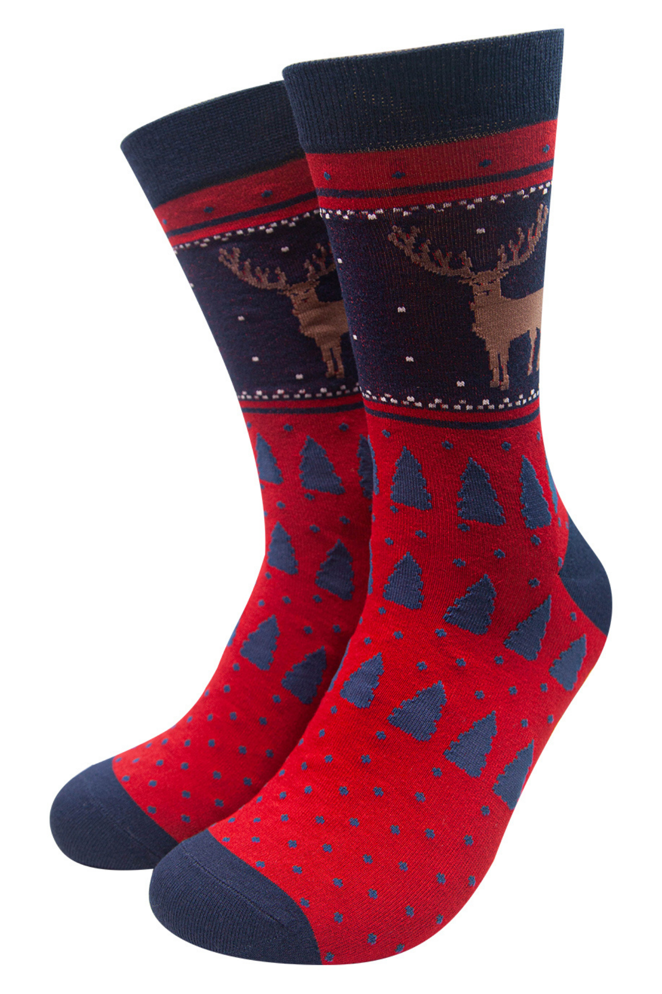 red and navy blue dress socks featuring a stag and a fair isle inspired pattern
