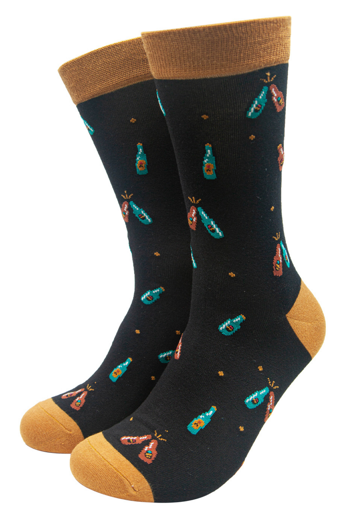 black bamboo dress socks with an all over print featuring beer bottles