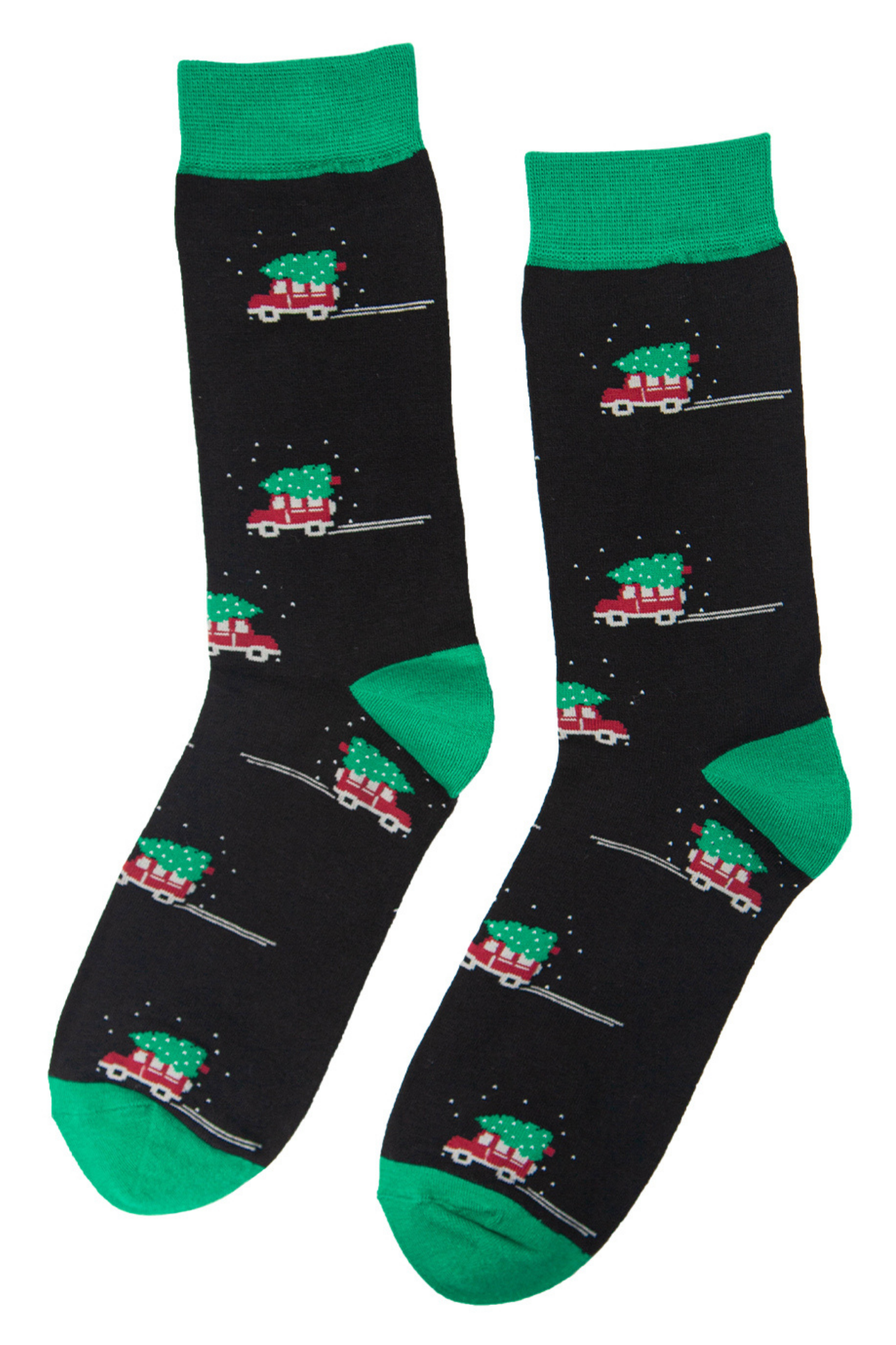 black bamboo socks with green toe, heel and trim ith all over pattern of jeeps carrying xmas trees