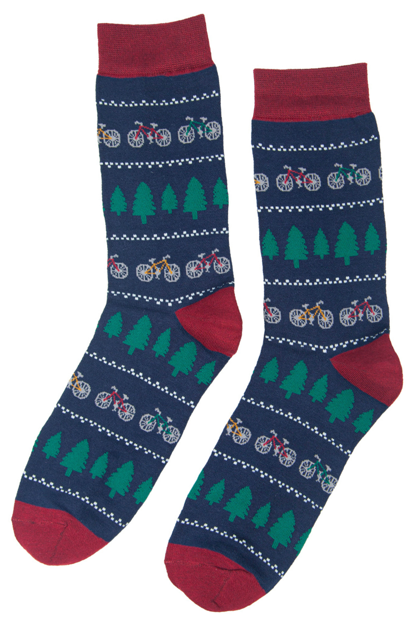 navy blue and red bamboo socks with mountain bikes and trees