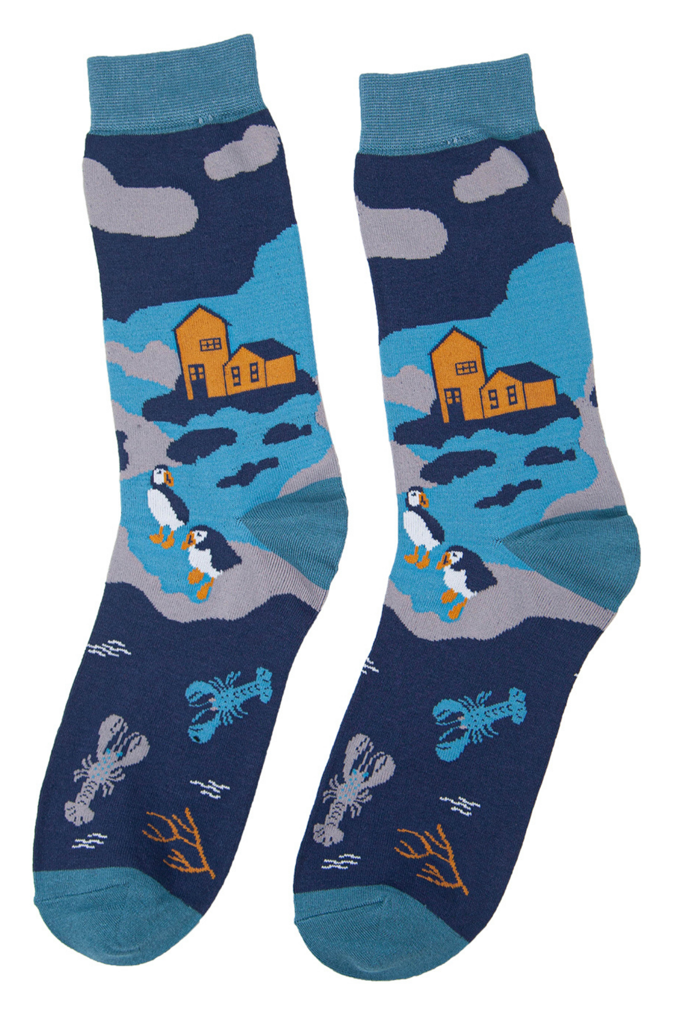 blue dres socks with puffin birds, lobsters and a shoreline