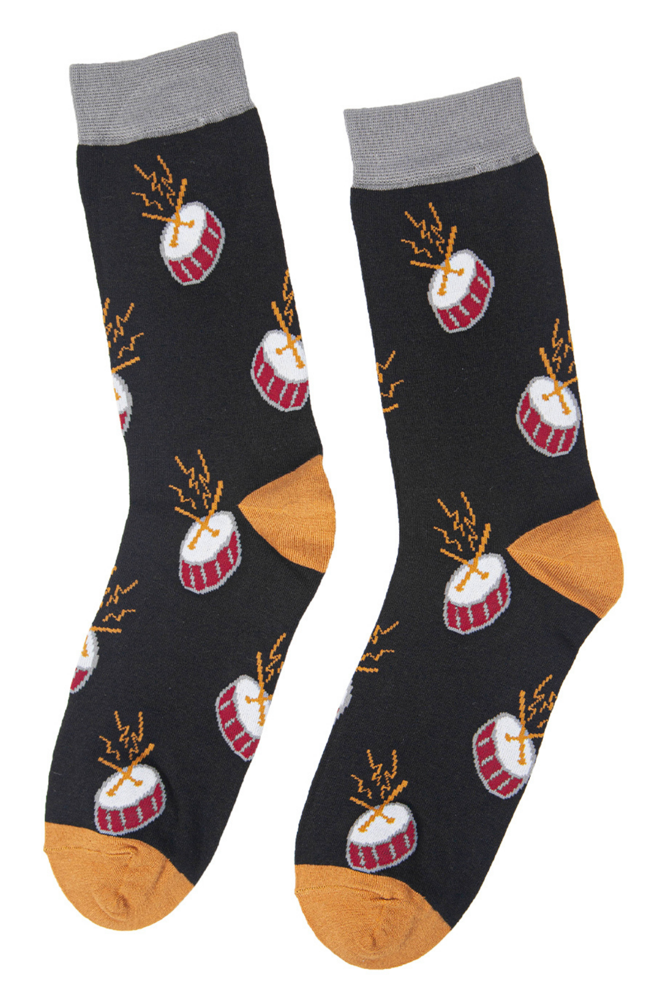 black drum pattern socks with gold heer, toe and grey trim