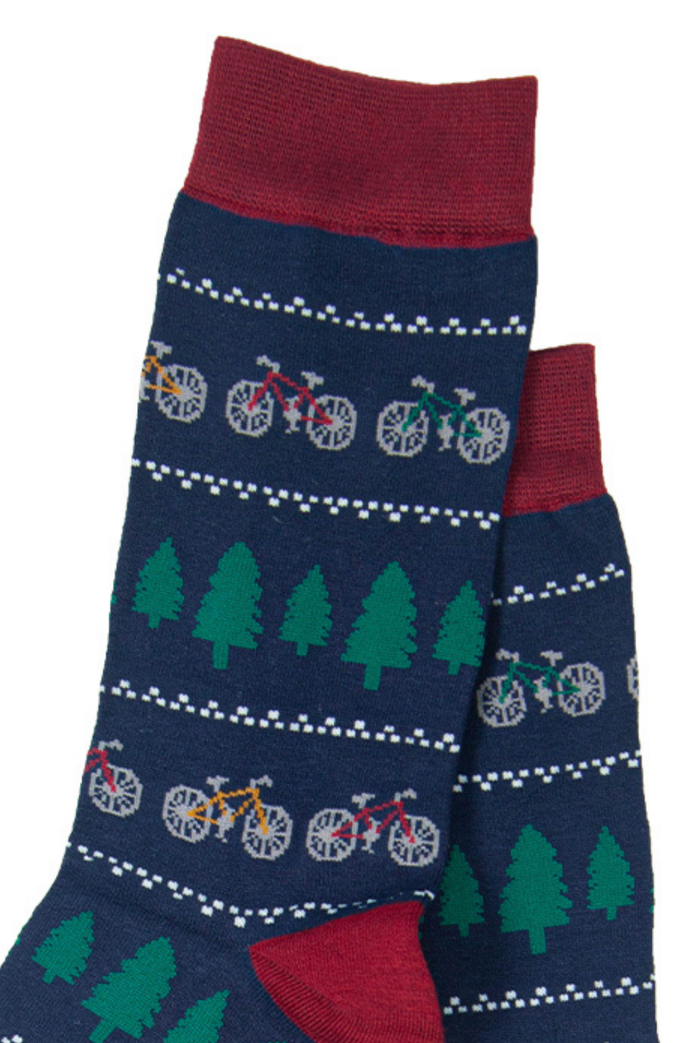 close up of the fair isle style print with trees and bicycles