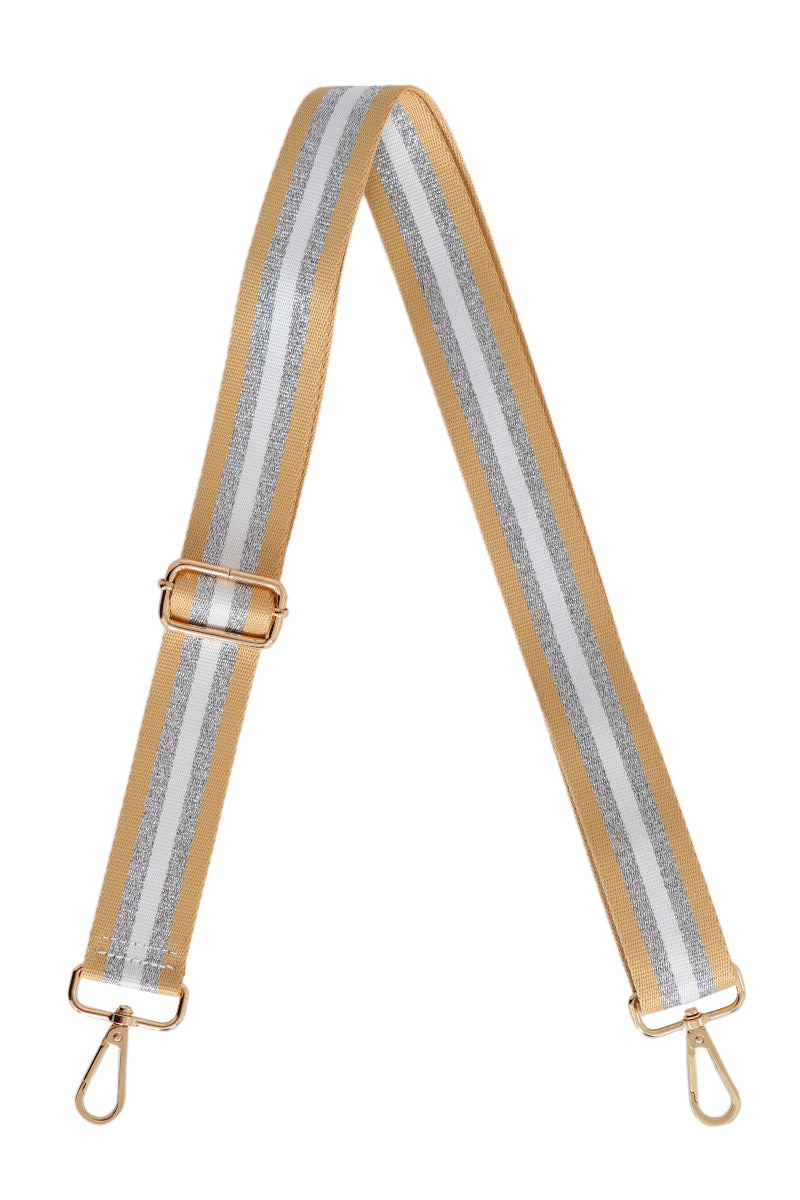 gold and silver glitter striped crossbody bag strap, adjustable strap with gold hardware