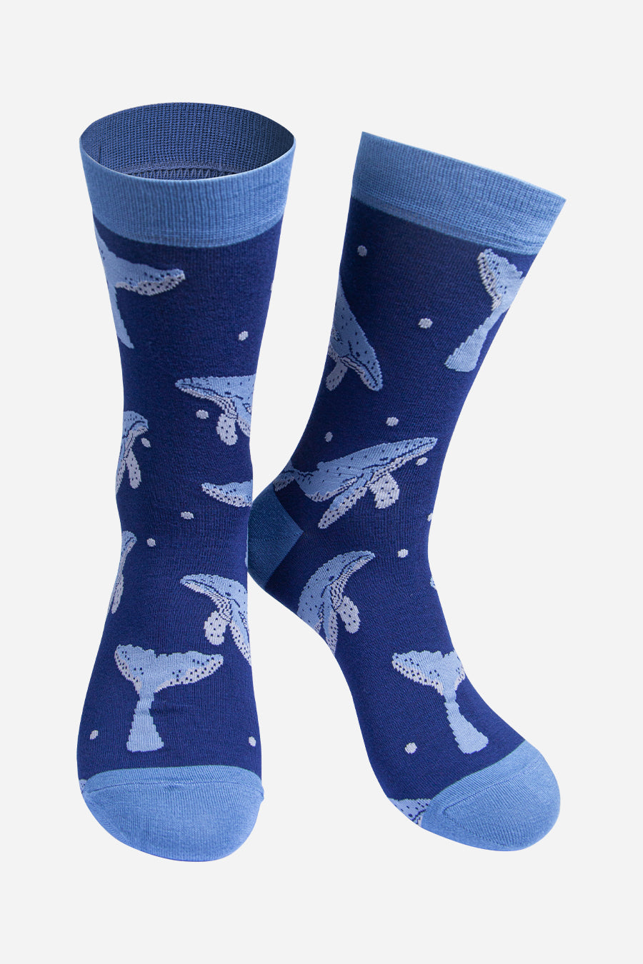 blue bamboo socks with a pattern of blue whales all over