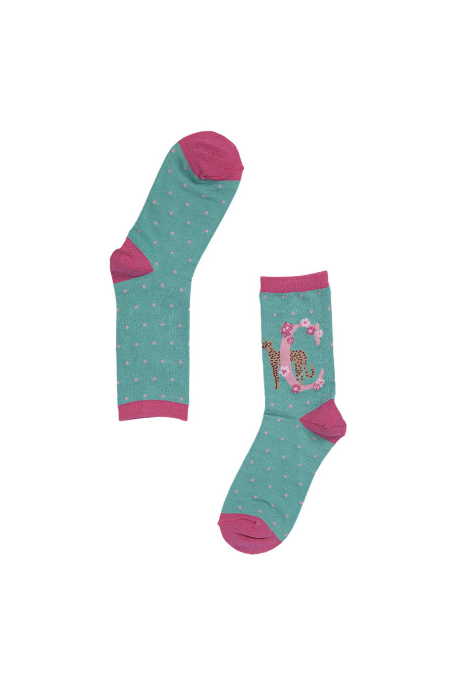 green, pink bamboo socks with the initial C