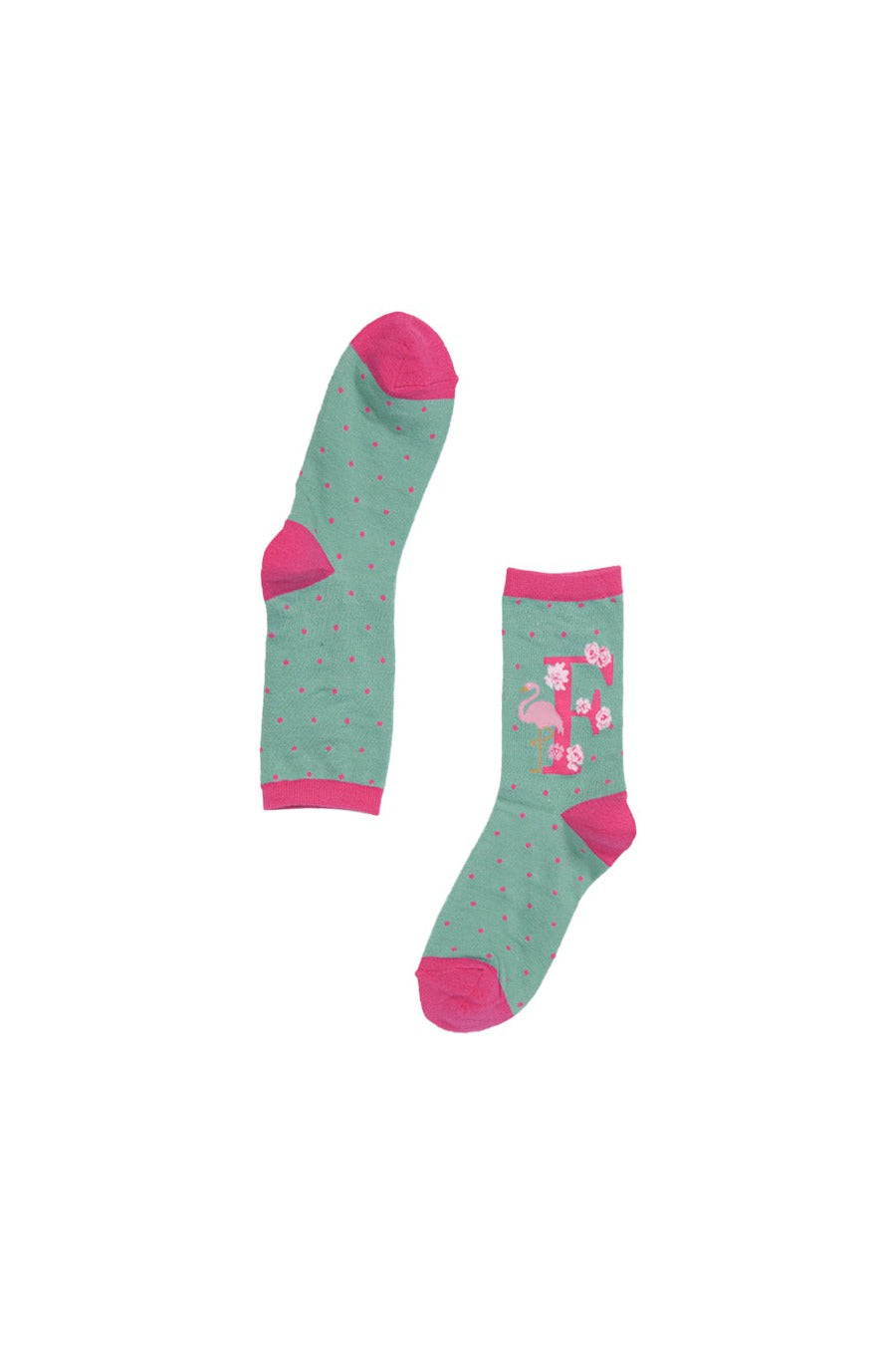 green, pink bamboo socks with the initial F
