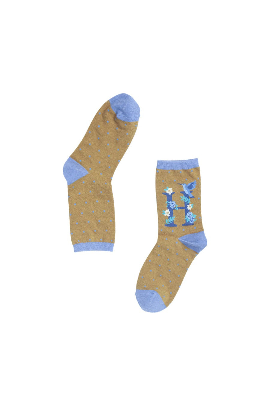 mustard yellow, blue bamboo socks with the initial H