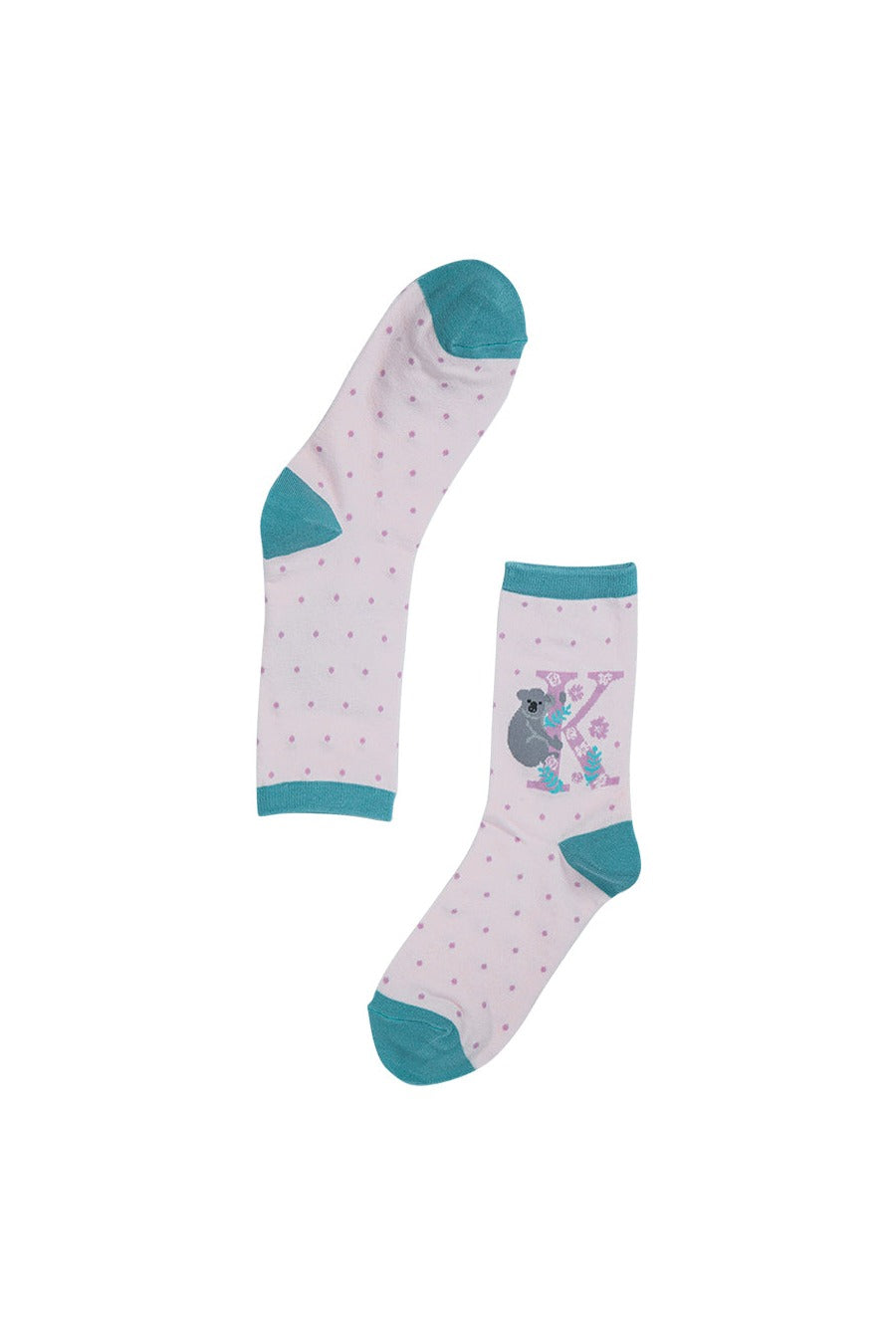 pink, green bamboo socks with the initial K
