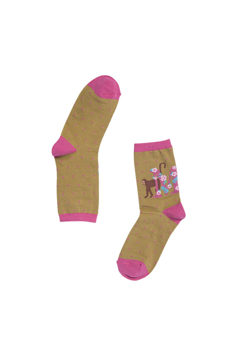 mustard yellow, pink bamboo socks with the initial M