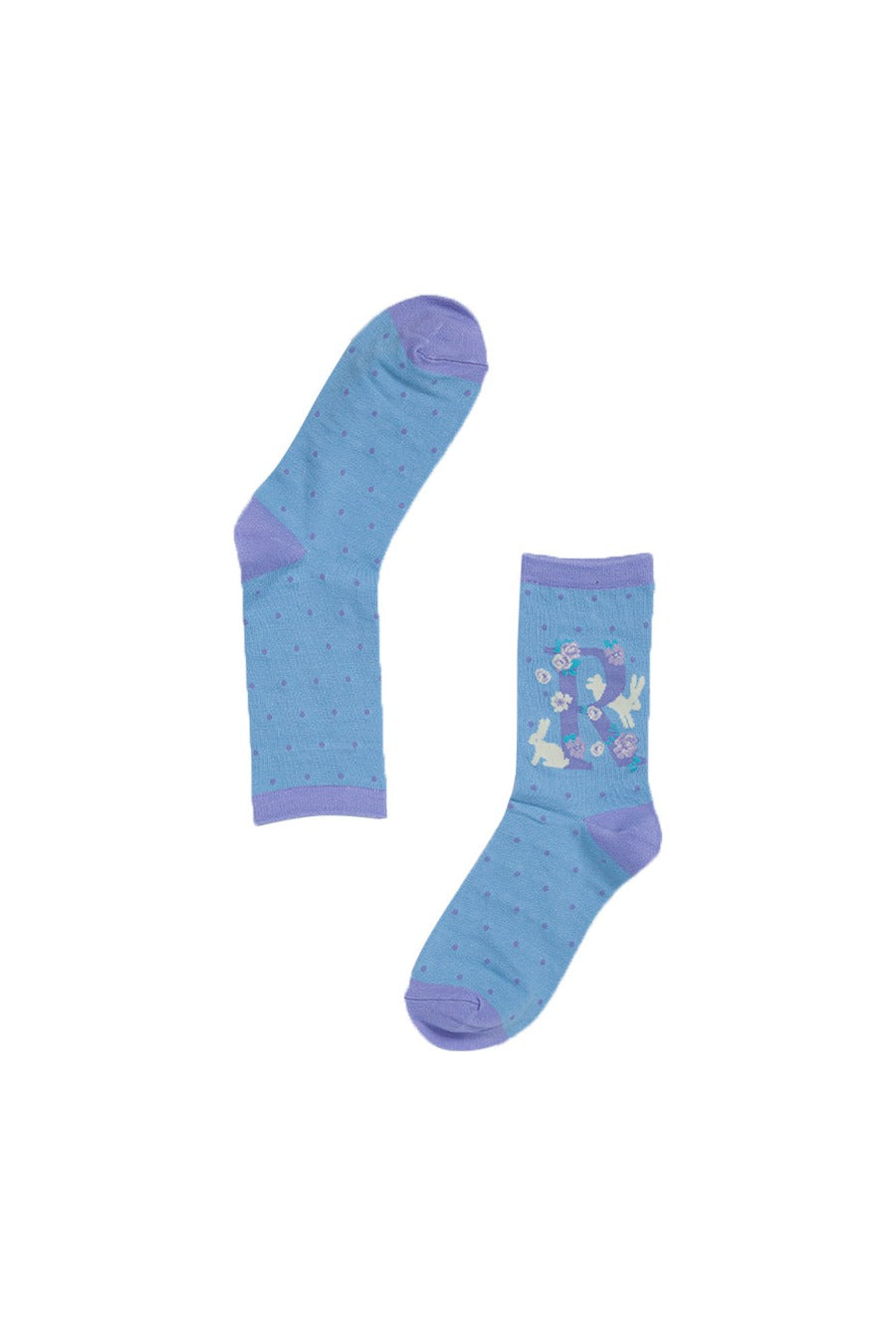 blue, lilac bamboo socks with the initial R