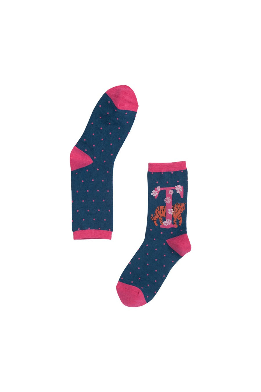blue, pink bamboo socks with the initial T