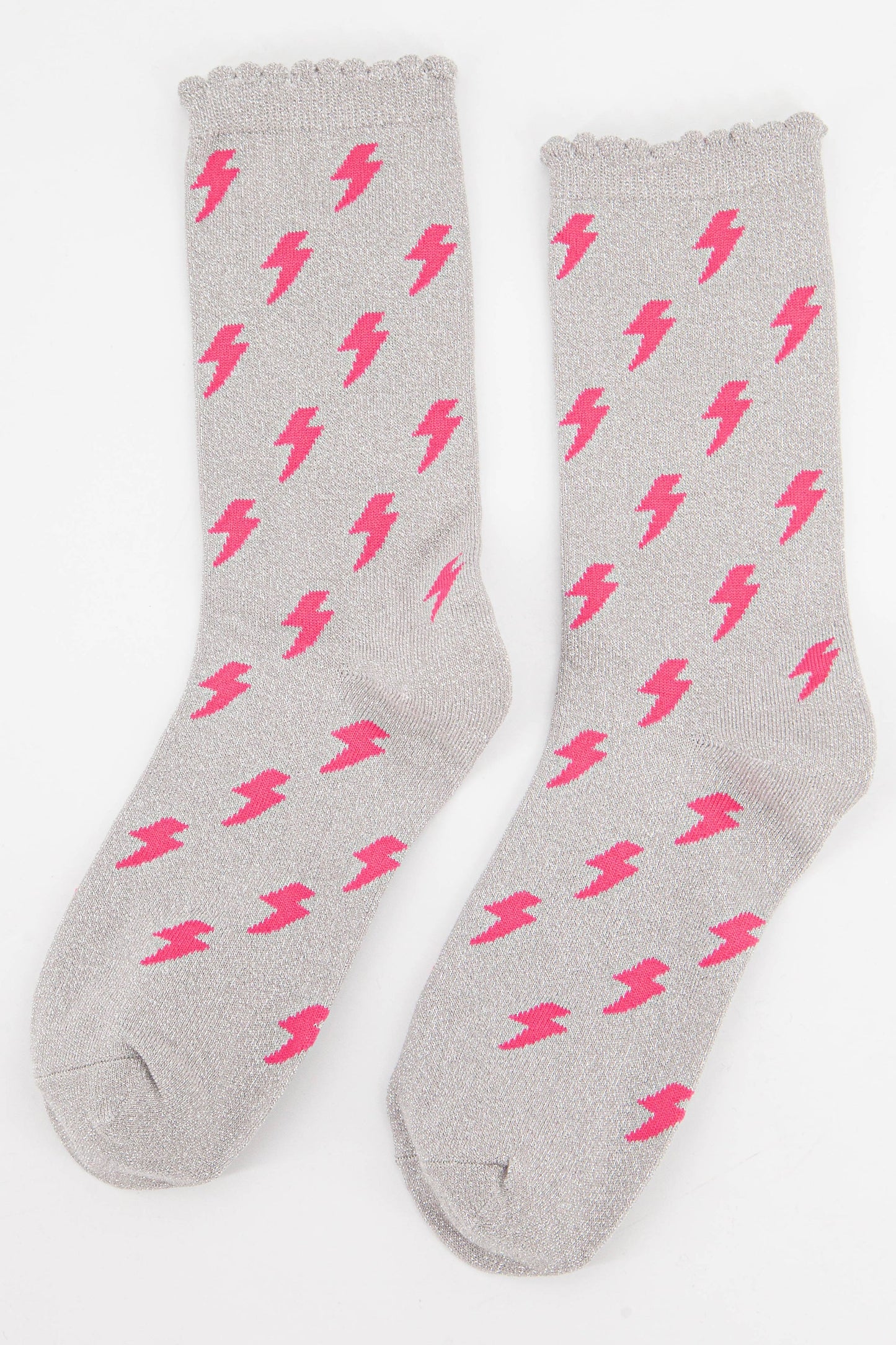 grey and pink glitter sparkle thunderbolt ankle socks