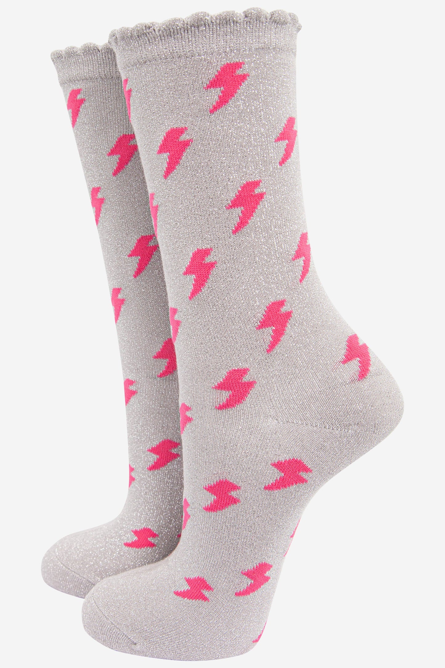 womens grey glitter socks with an all over pink lightning bolt pattern and glitter sparkle