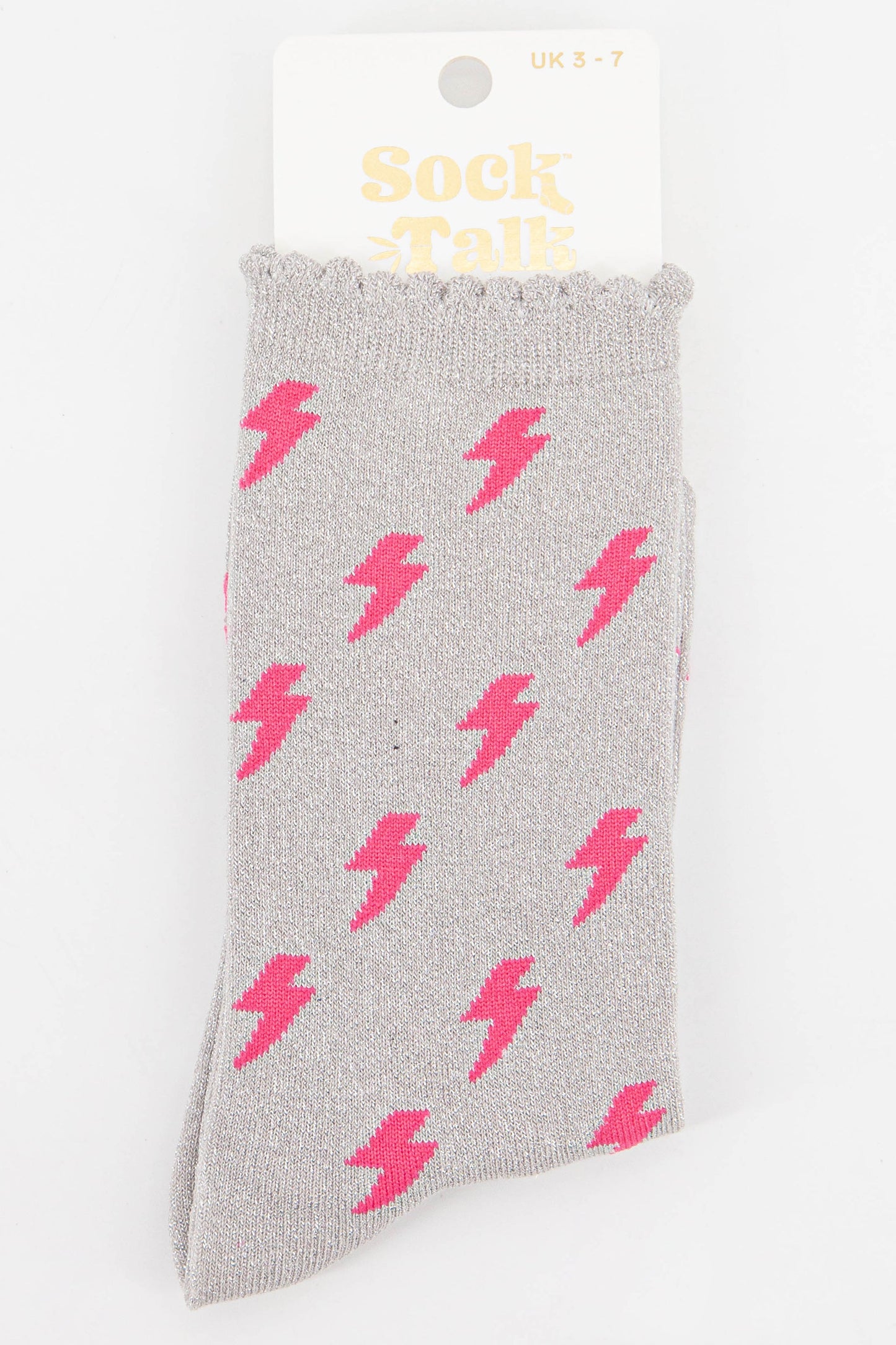 grey and pink lightning bolt cotton glitter socks uk size 3-7