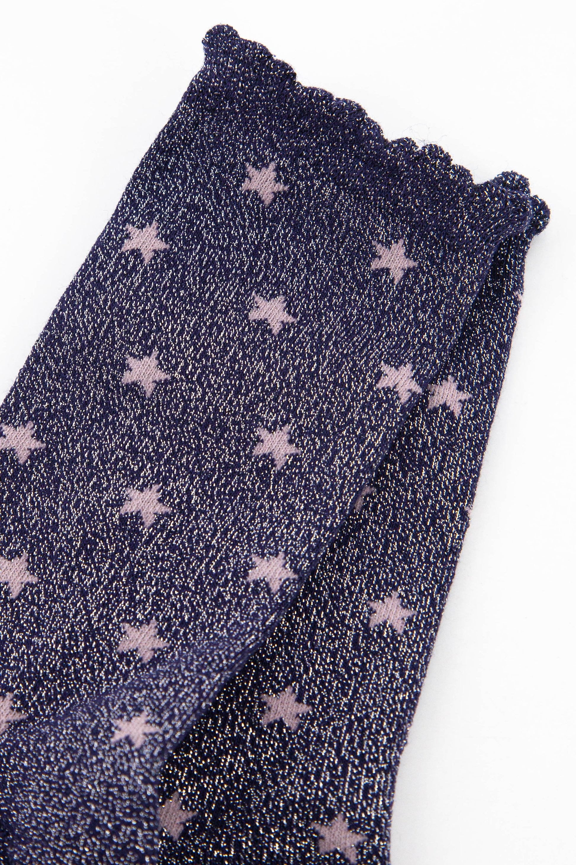 close up of the pink star pattern on the sparkly glitter socks