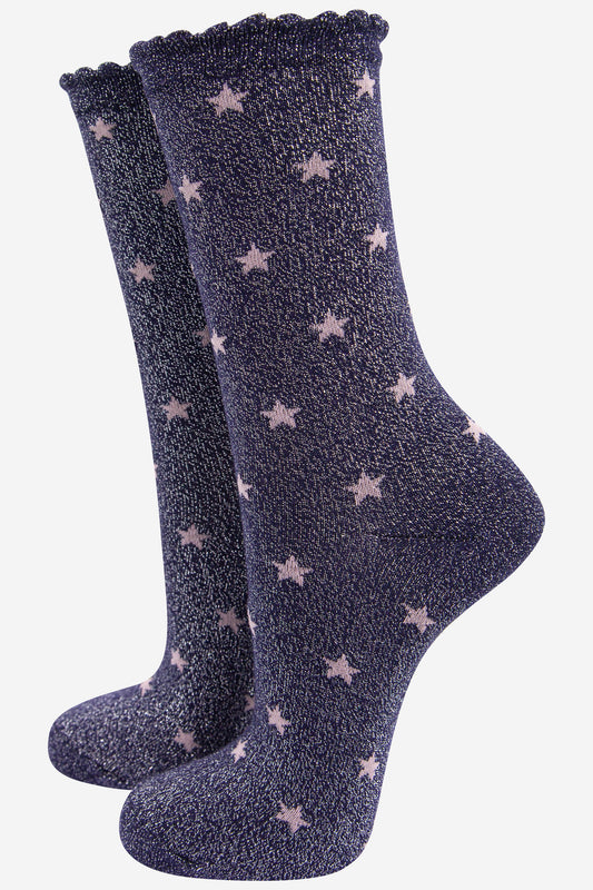 navy blue glitter socks with pink sparkly stars and a scalloped top
