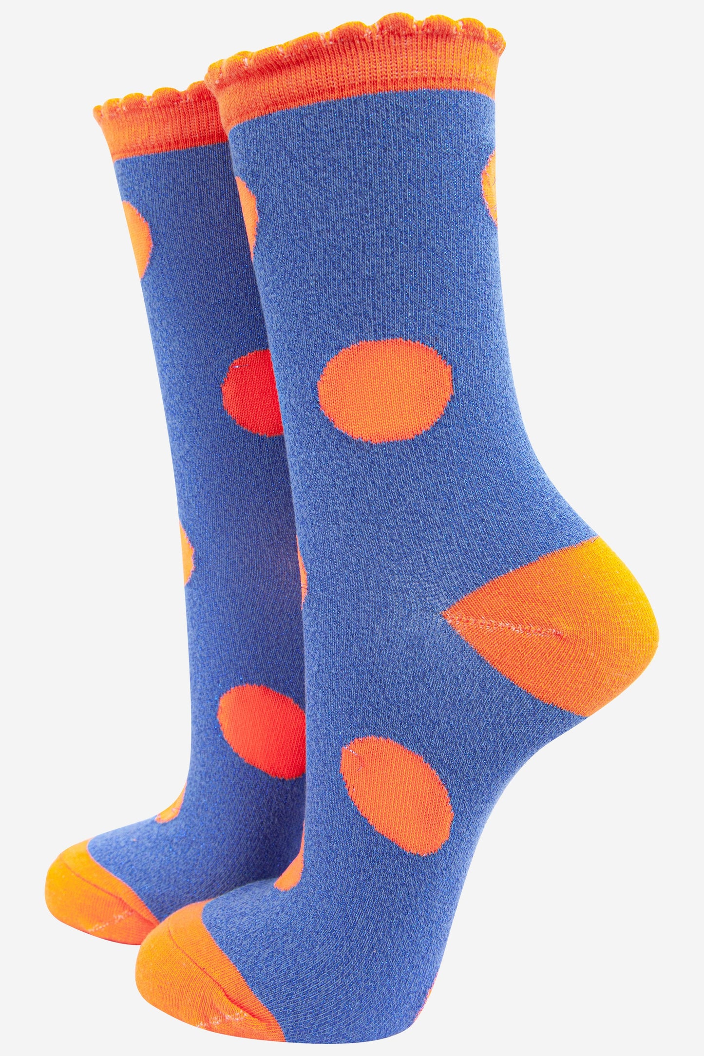 blue and orange polka dot sparkly glitter socks with a scalloped edge and all over shimmer