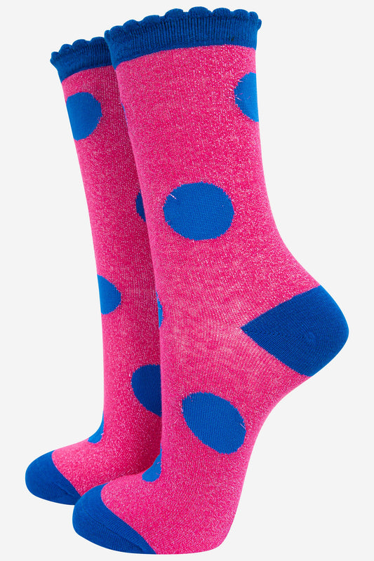 pink and blue polka dot pattern glitter ankle socks with a scalloped edge