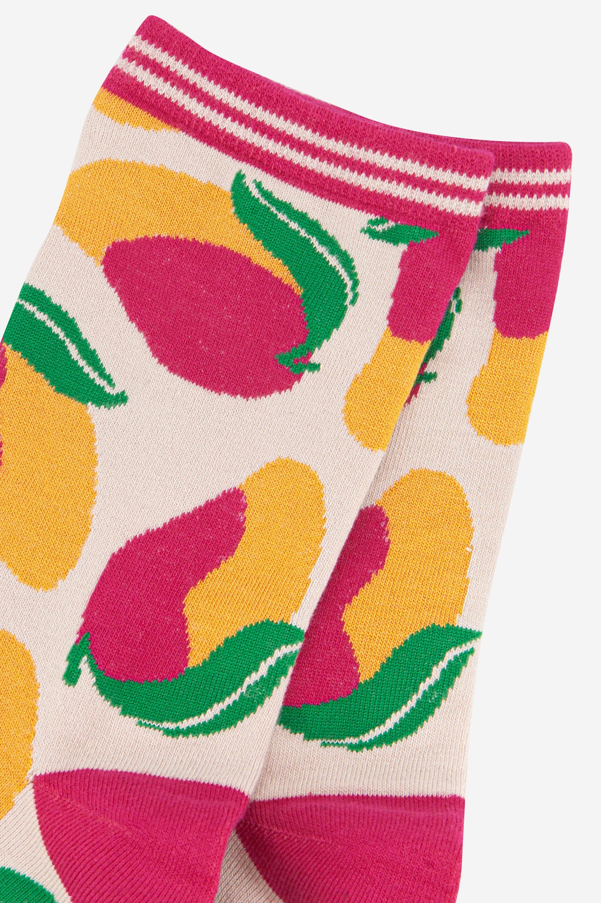 close up of the mango fruit pattern and striped cuff on the bamboo ankle socks