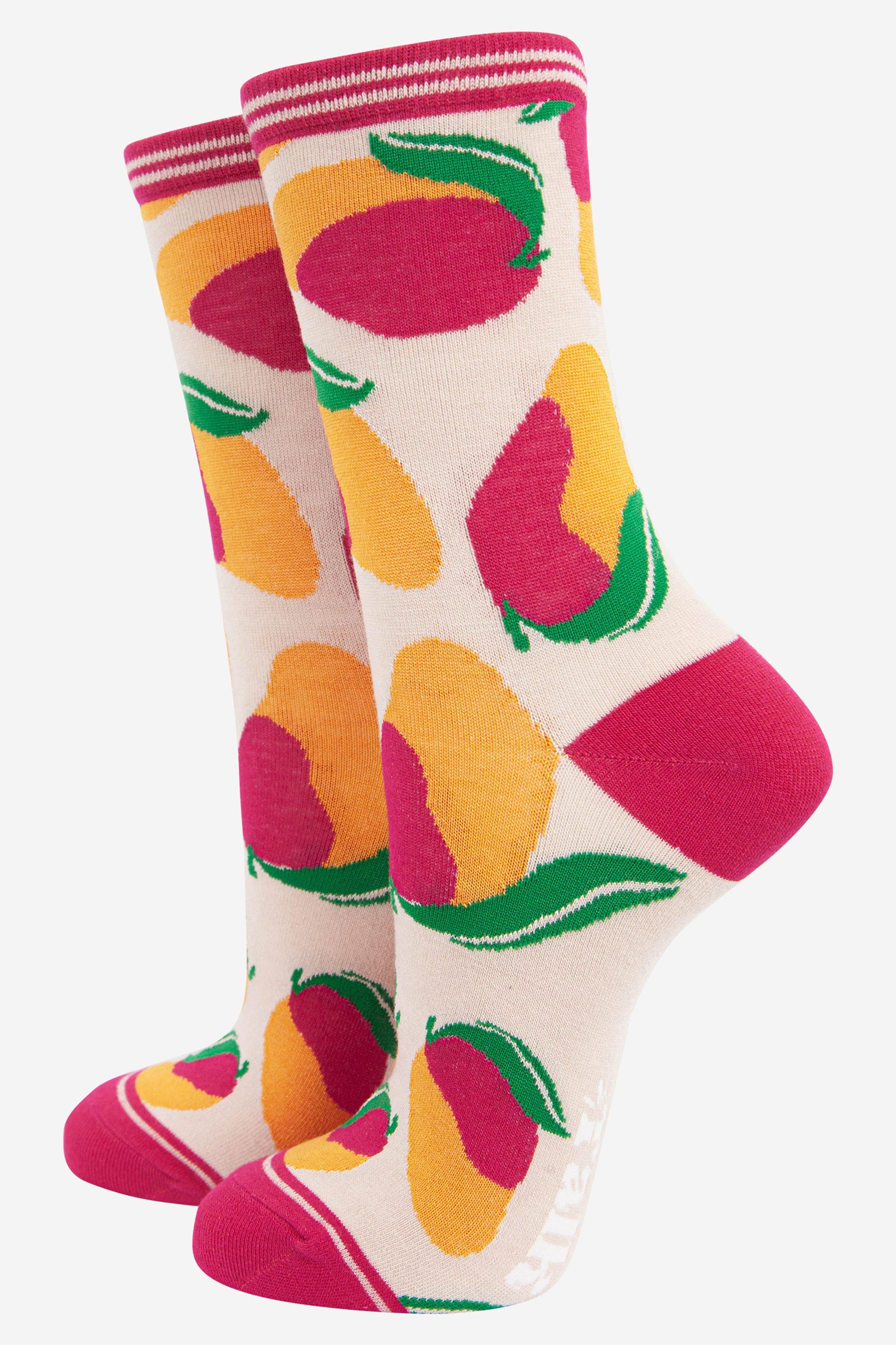 cream and pink bamboo ankle socks with a pattern of yellow and pink mango fruit