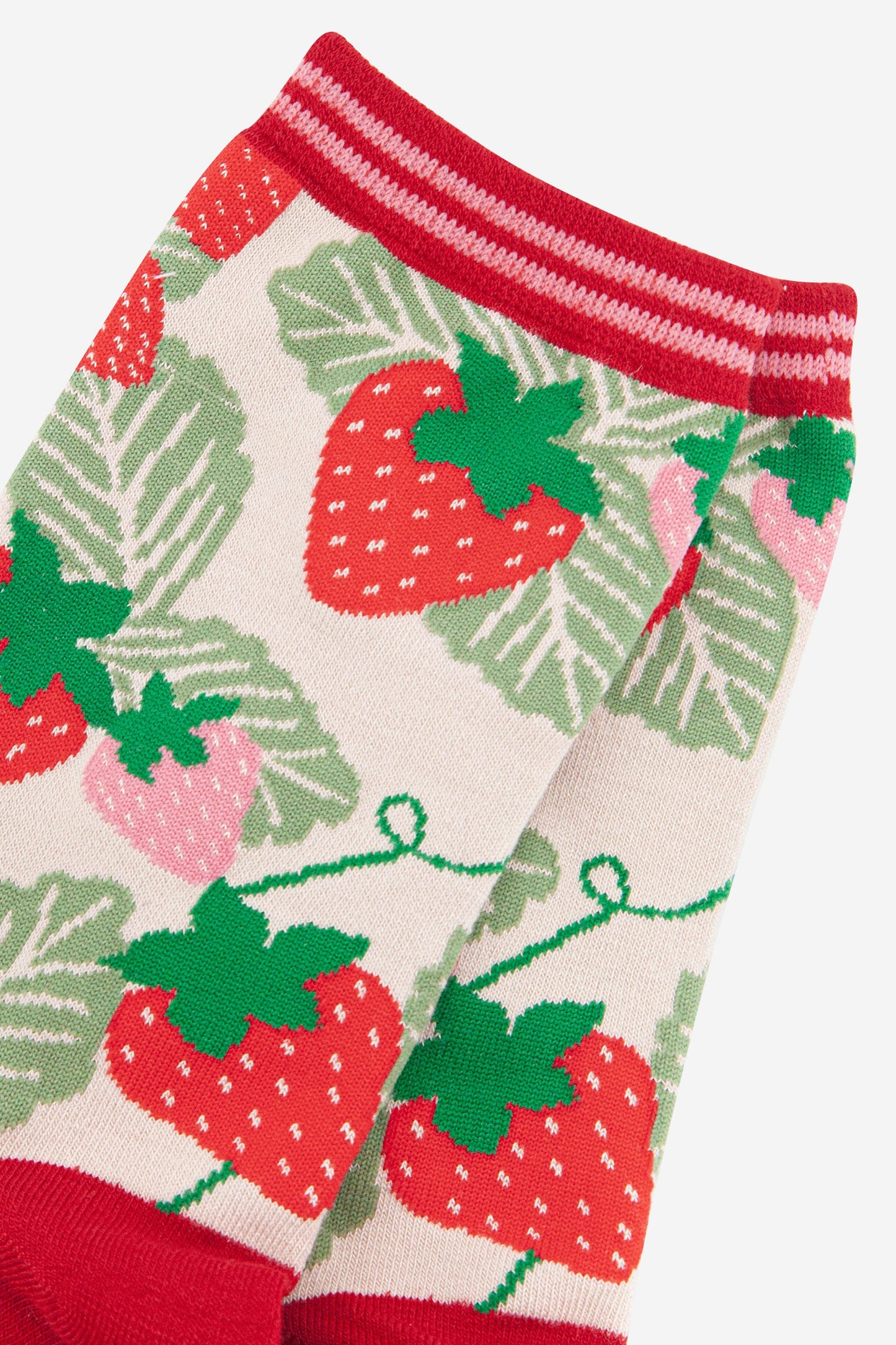 close up of the strawberry pattern on the bamboo socks