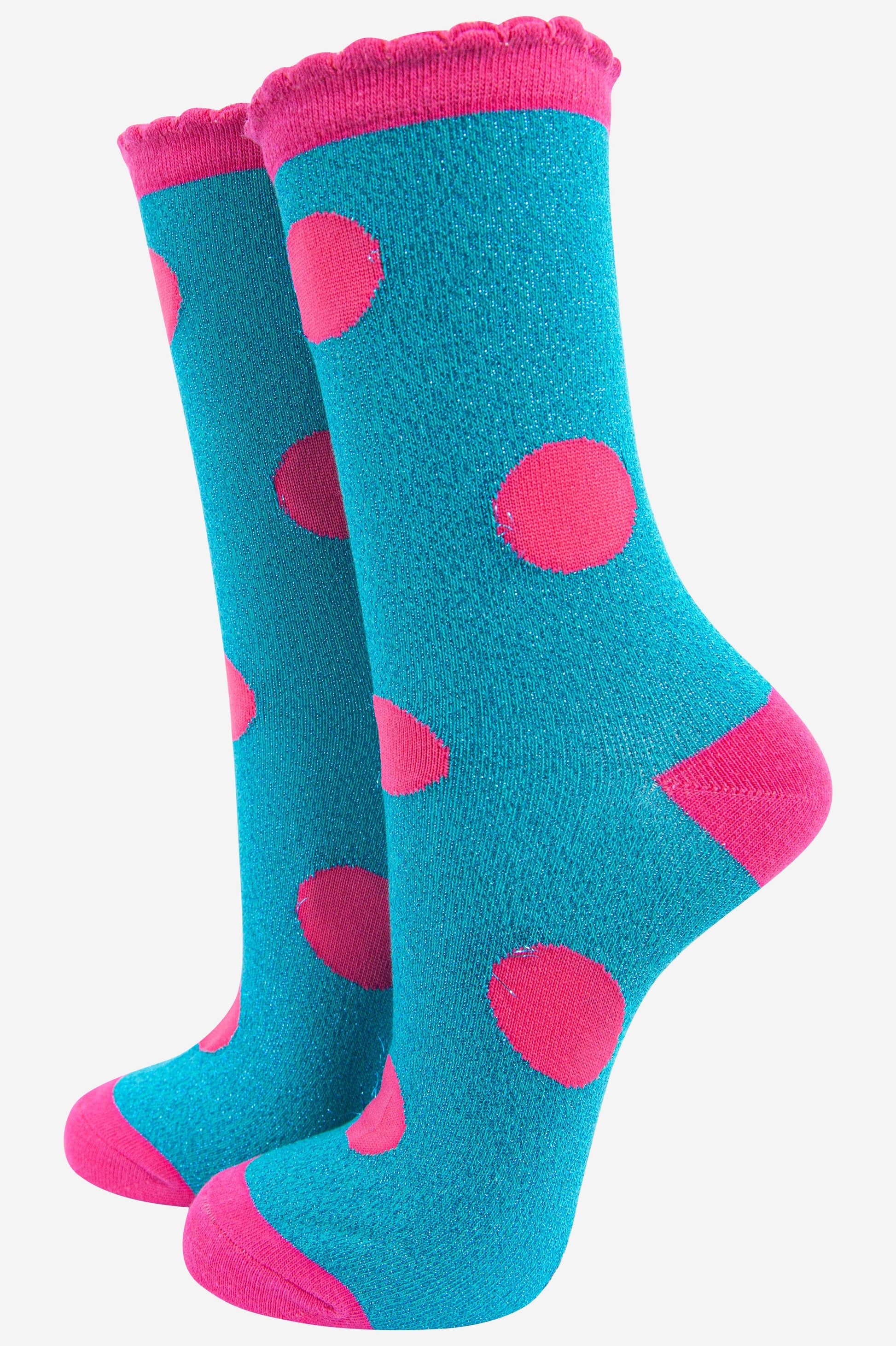 turquoise and pink polka dot ankle socks with an all over glitter sparkle
