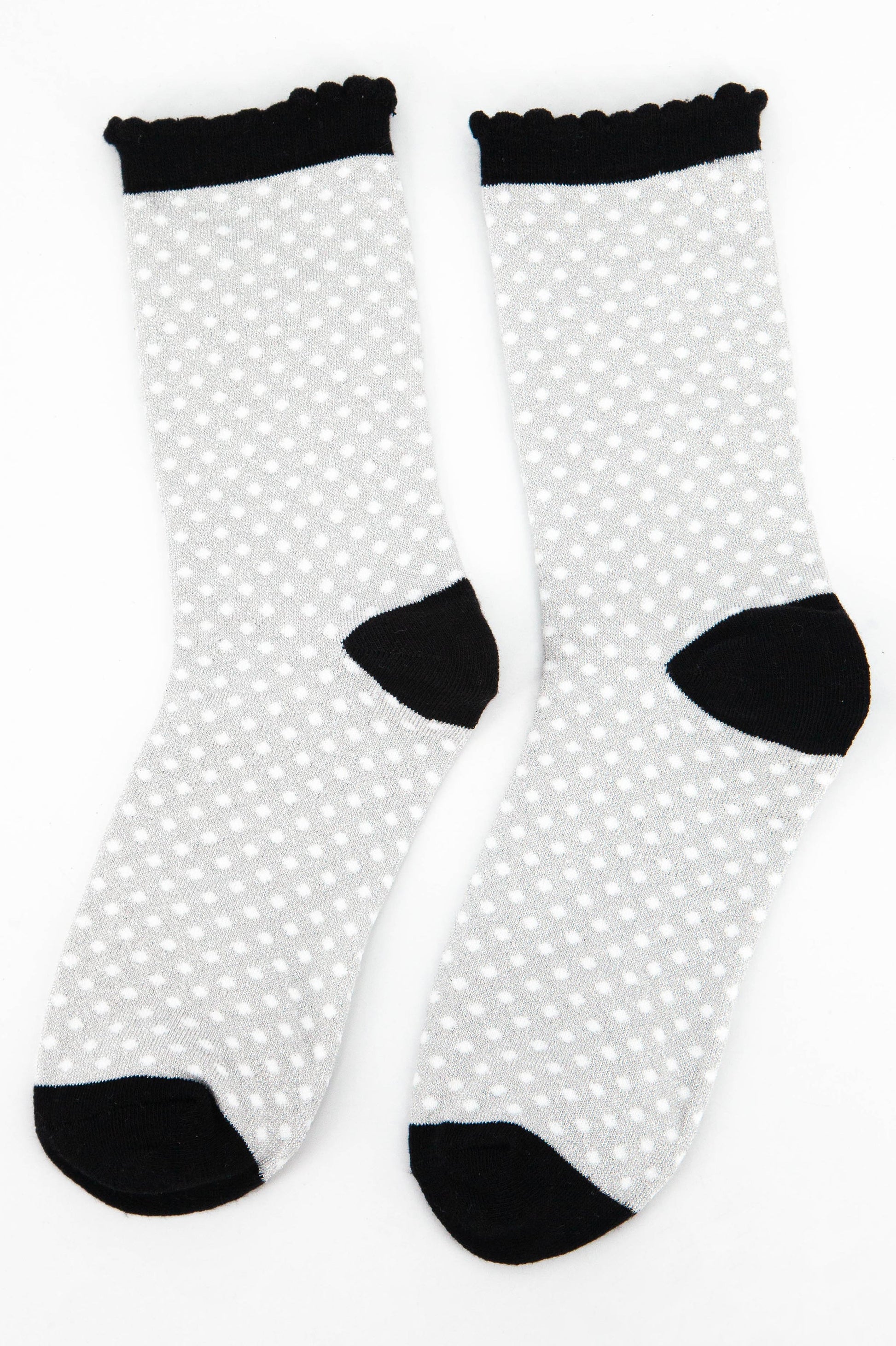 grey and black glitter ankle socks with an all over polka dot pattern and glitter shimmer