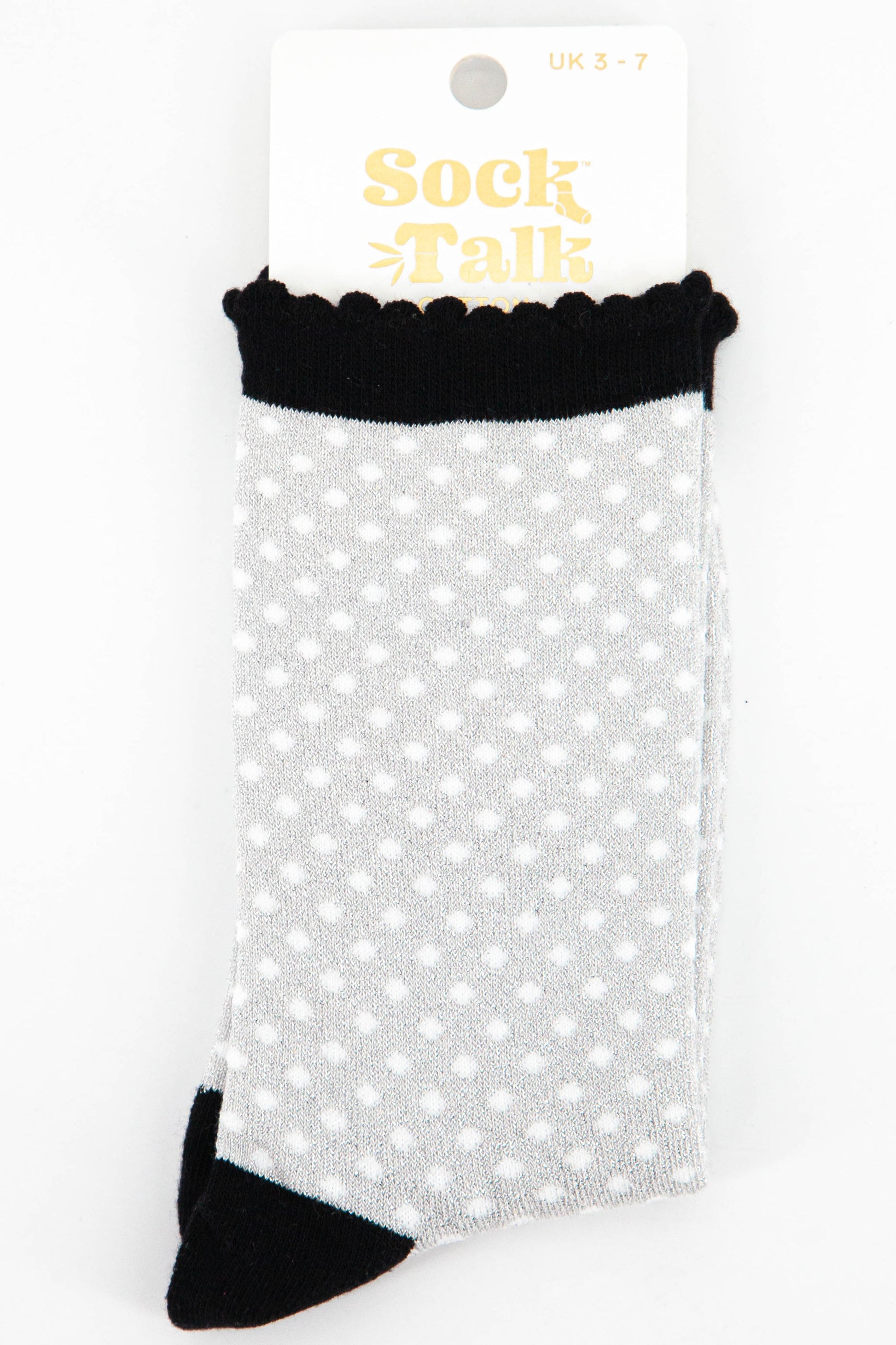 mini polka dot pattern glitter ankle socks in light grey and black uk size 3-7