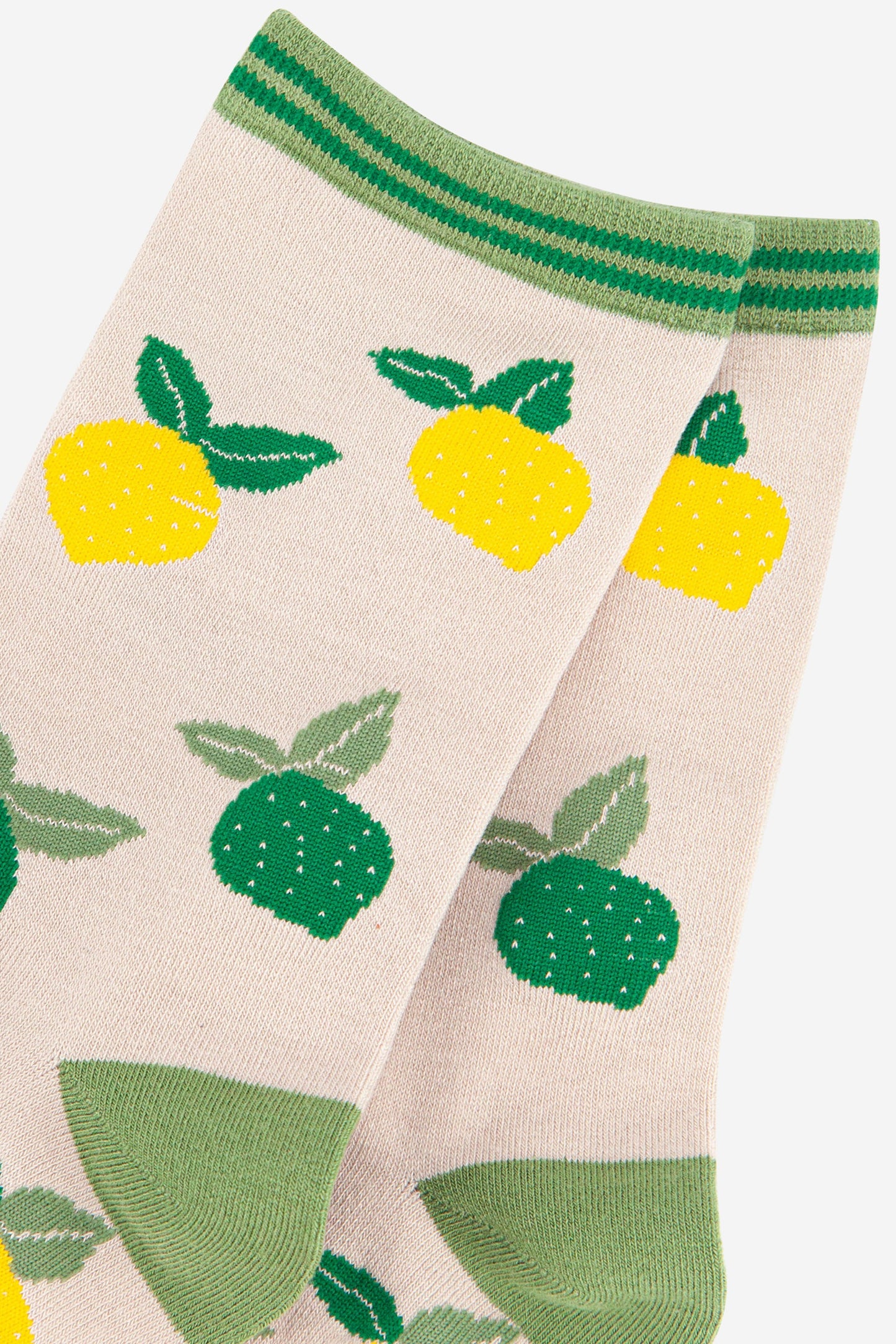 close up of the lemon and lime pattern and striped cuff on the bamboo ankle socks