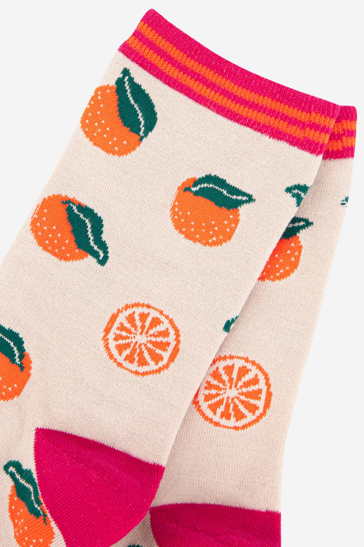 close up of the orange fruit pattern on the socks and a close up of the striped cuff