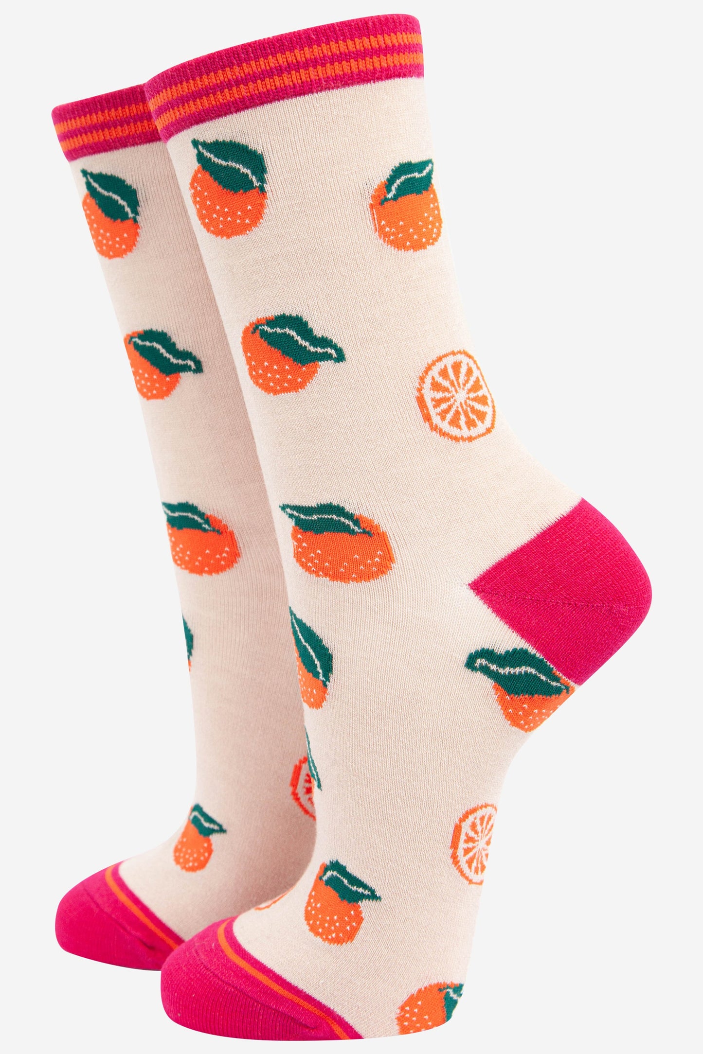 cream, orange and pink bamboo ankle socks with an all over orange and orange slice fruit patten