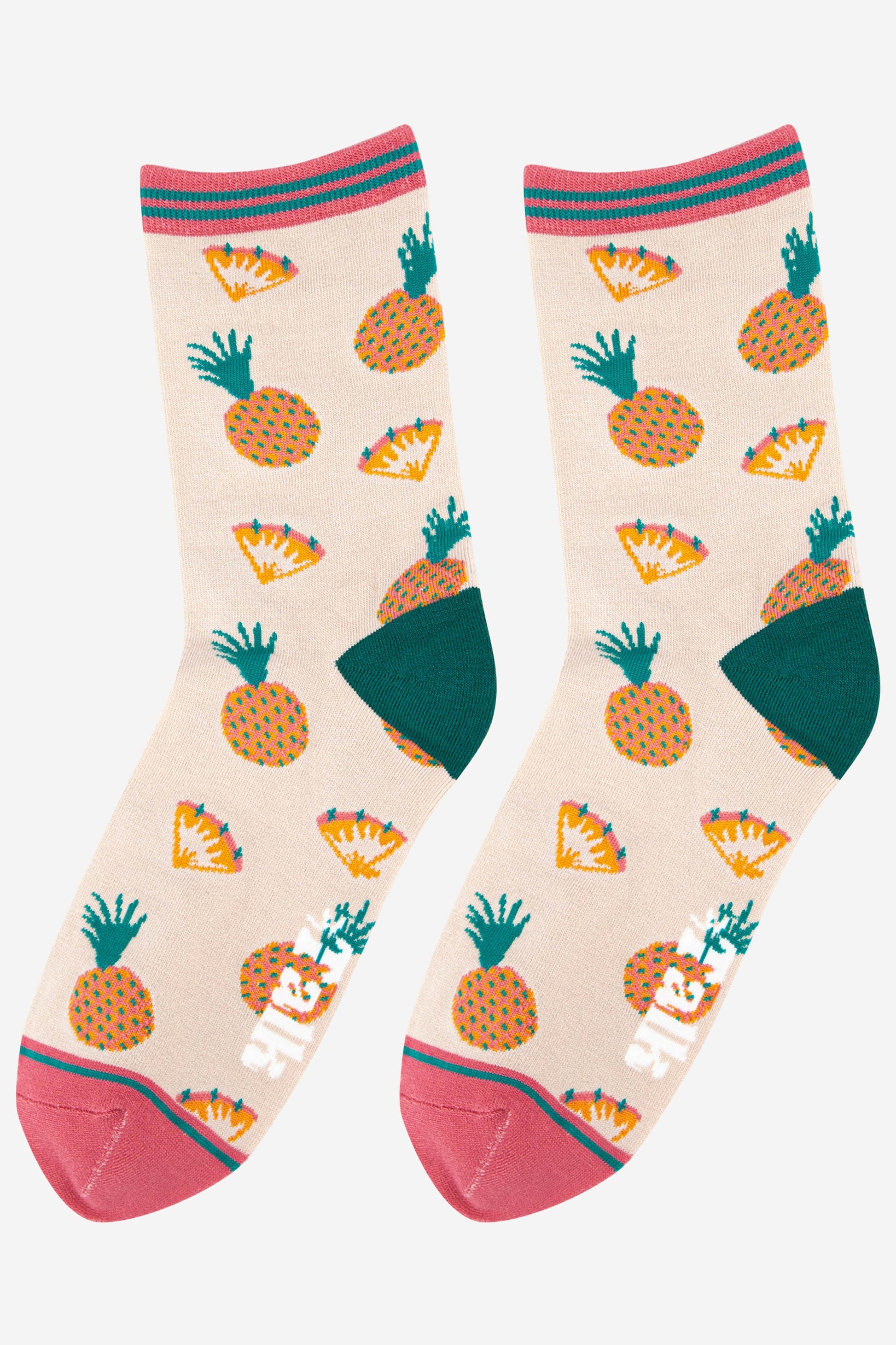 womens tropical pineapple bamboo ankle socks in pink, cream and green