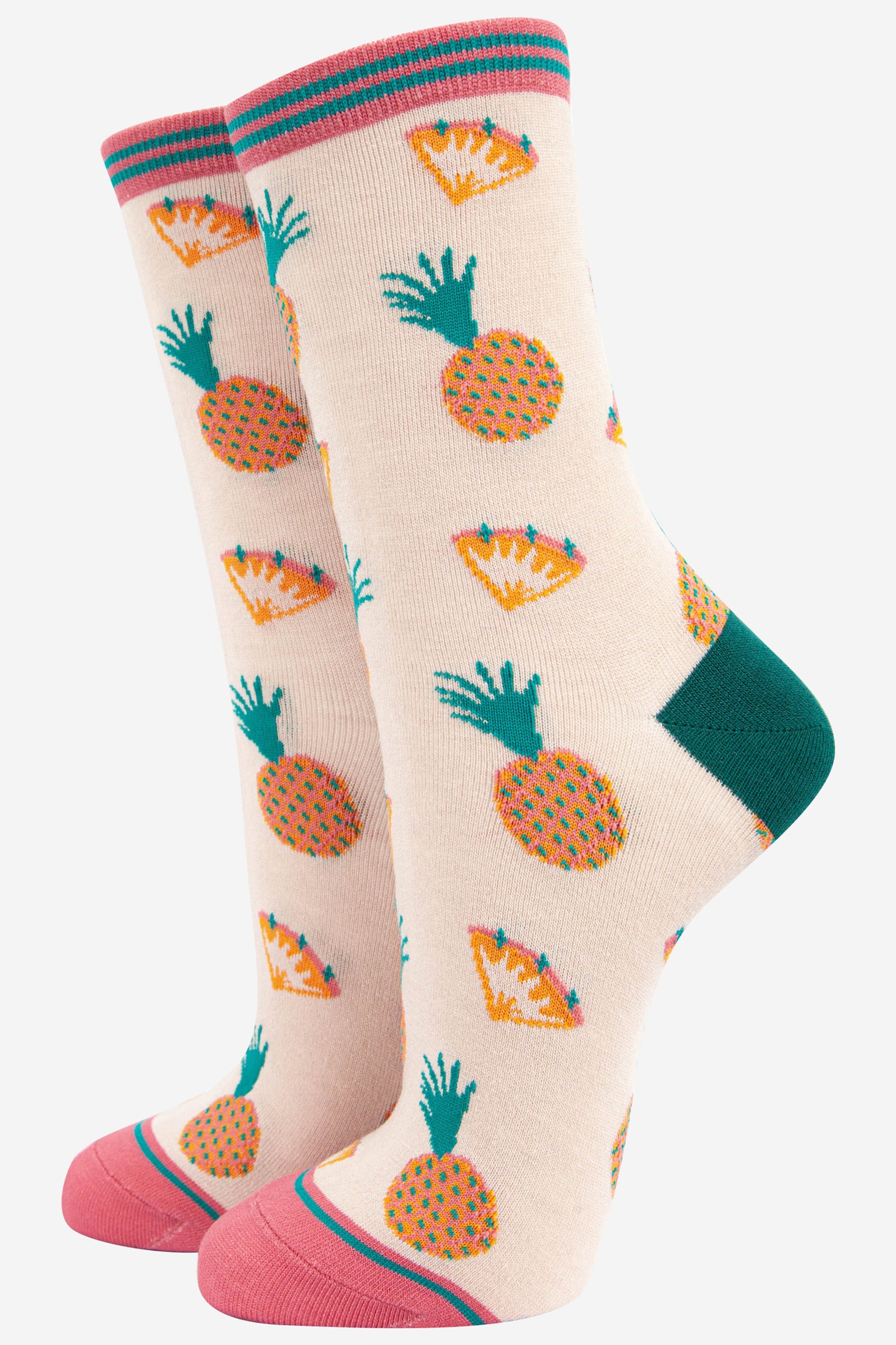 cream and pink bamboo socks with an all over pineapple fruit print pattern and striped cuff