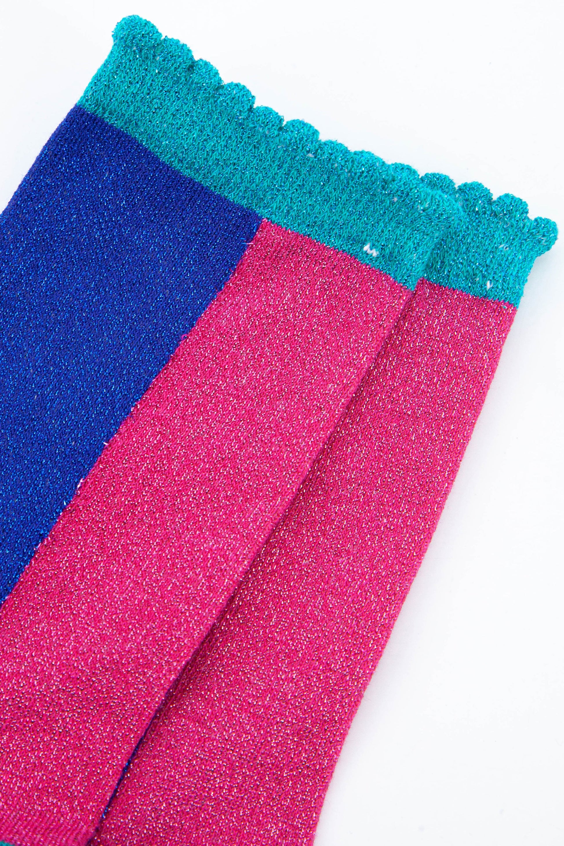 close up of the pink and blue glitter socks showing an all over sparkly effect
