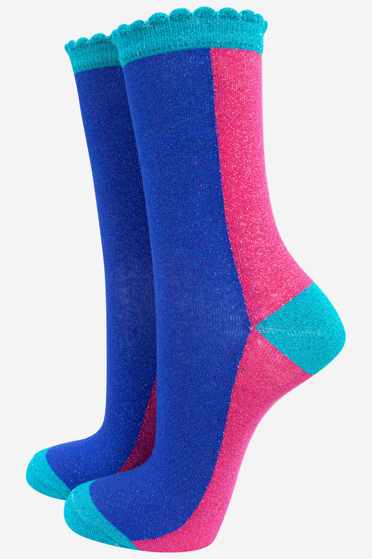 blue and pink colour block all over glitter socks with blue scaloped edge