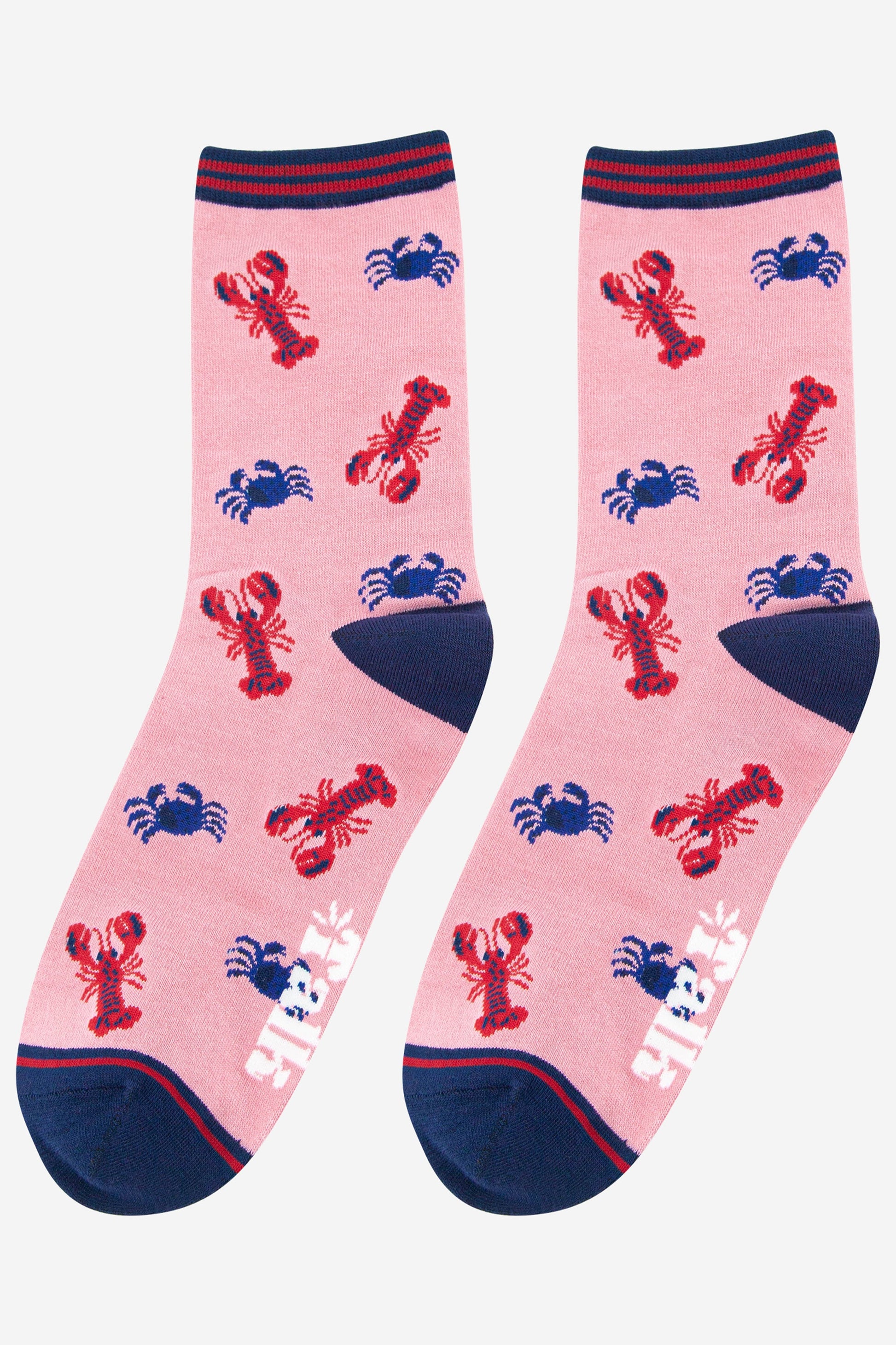 pink bamboo lobster socks for women with a navy blue toe, heel and striped cuff