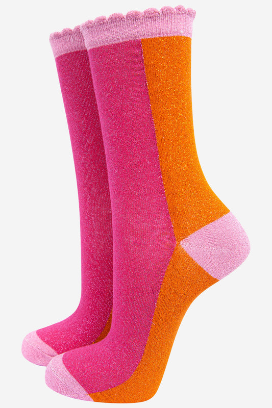 pink and orange colour block glitter socks with an all over sparkle 