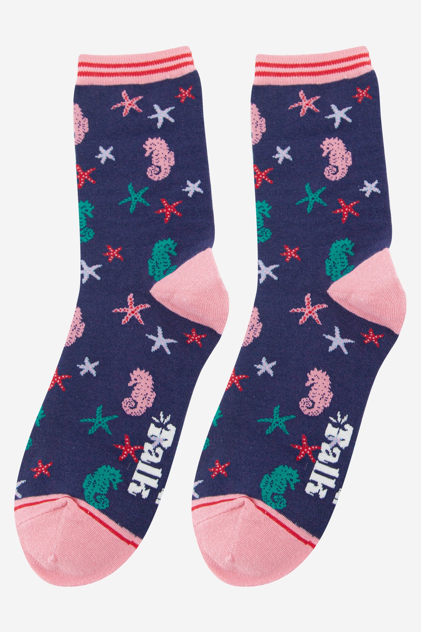 navy blue and pink nautical themes ankle socks with seahorses and star fish