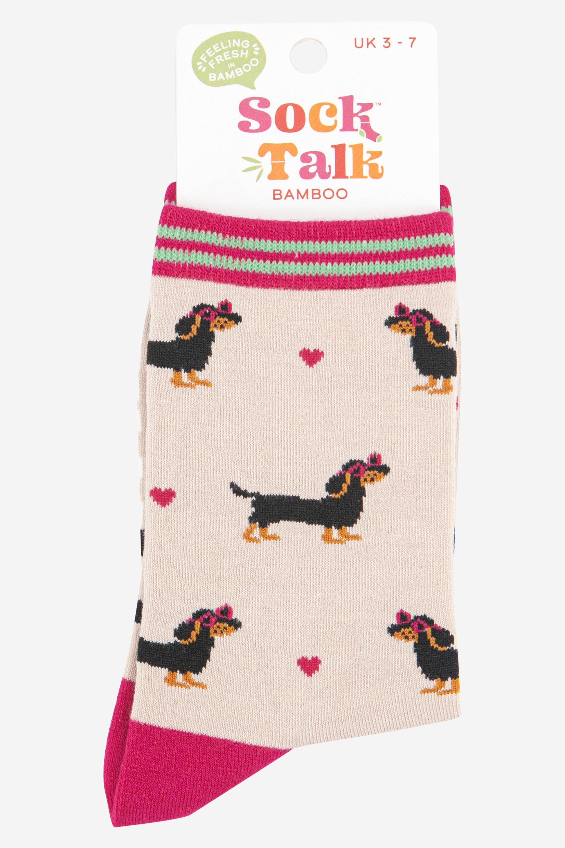 womens bamboo sausage dog socks with pink love hearts, uk size 3-7