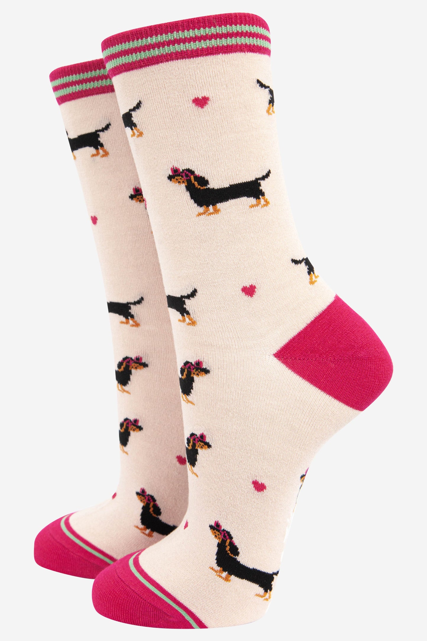 cream and pink bamboo ankle socks featuring a black miniature dachshund wearing pink love heart glasses