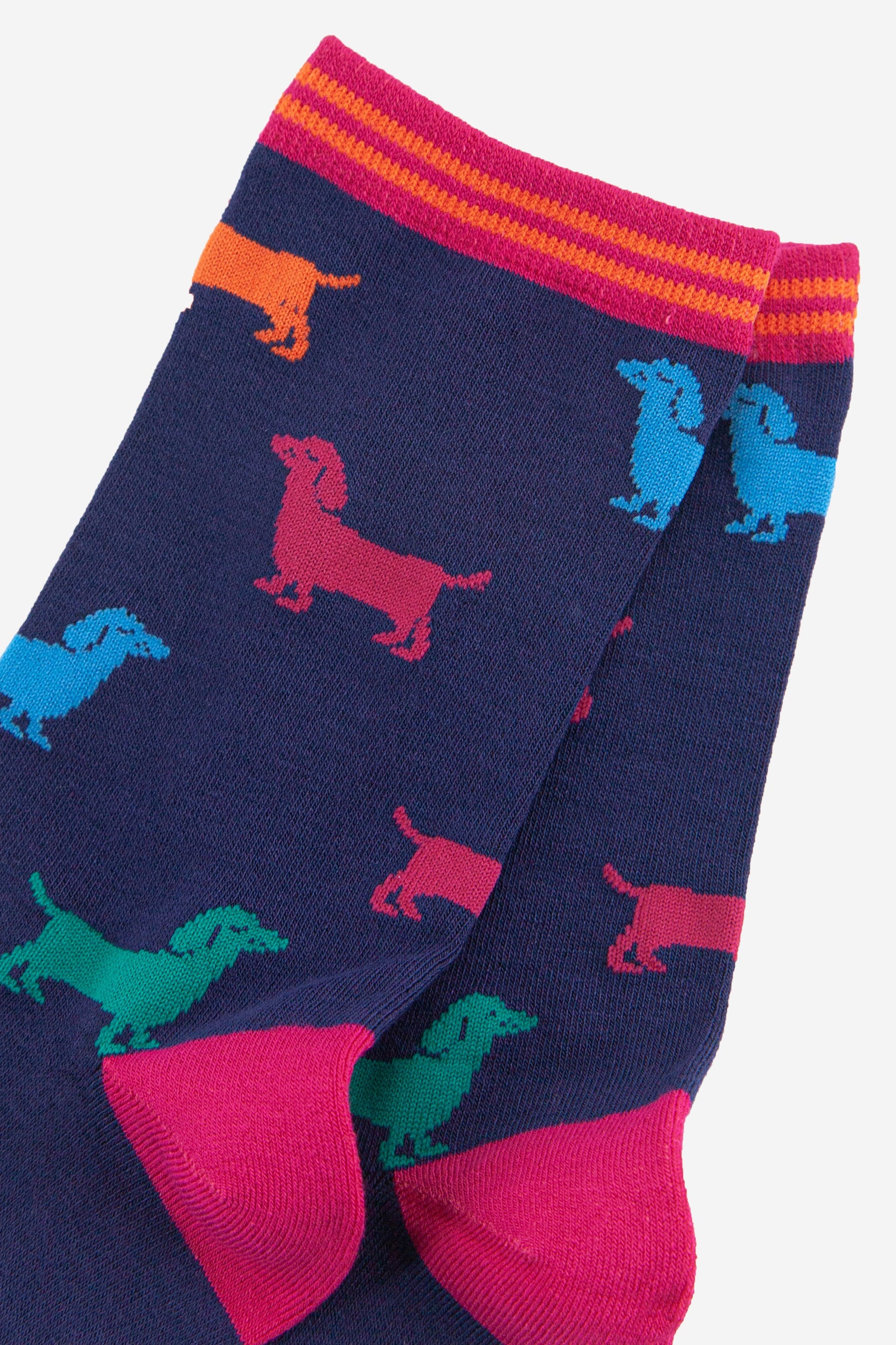 close up of the colourful weiner dog pattern 