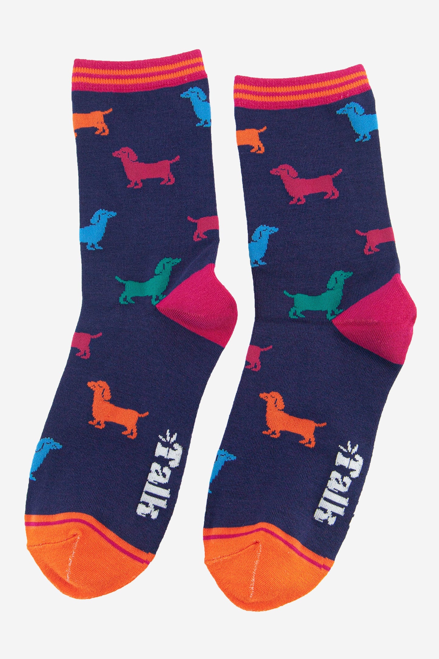 mutlicoloured bamboo ankle socks featuring a colourful sausage dog pattern