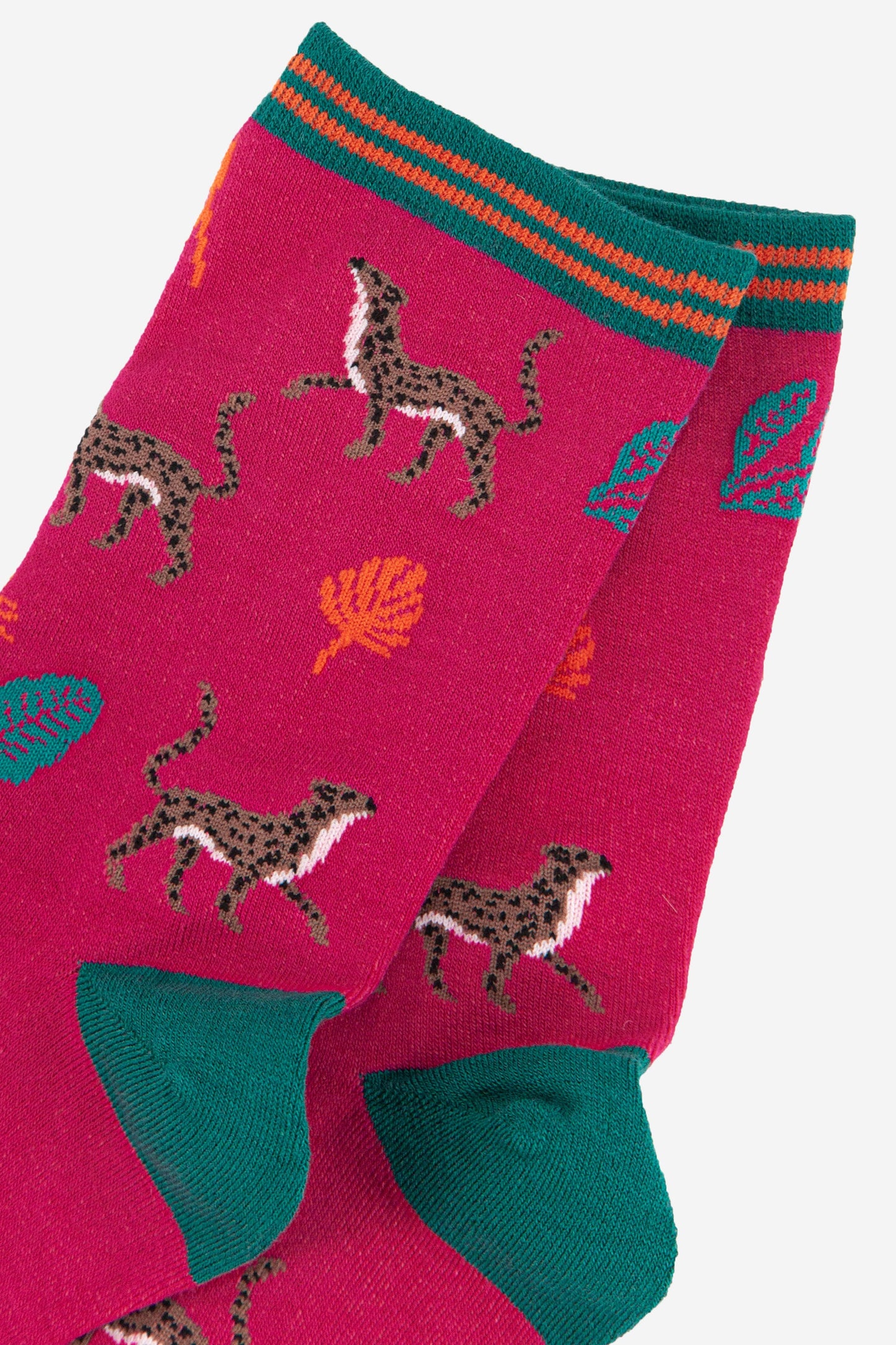 close up of the cheetah cat pattern on the pink ankle socks