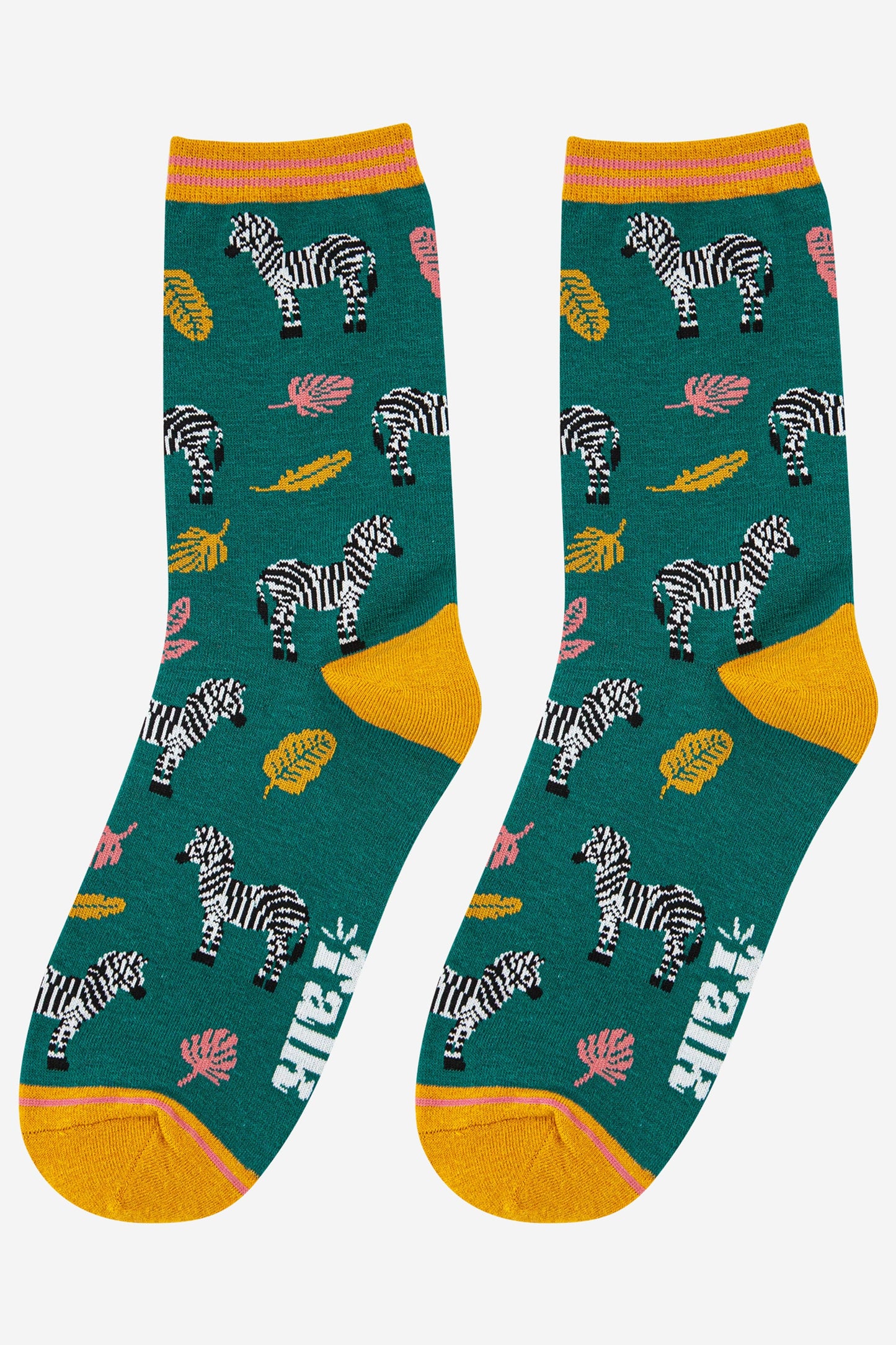 zebra and leaf pattern ladies ankle socks in green and yellow 