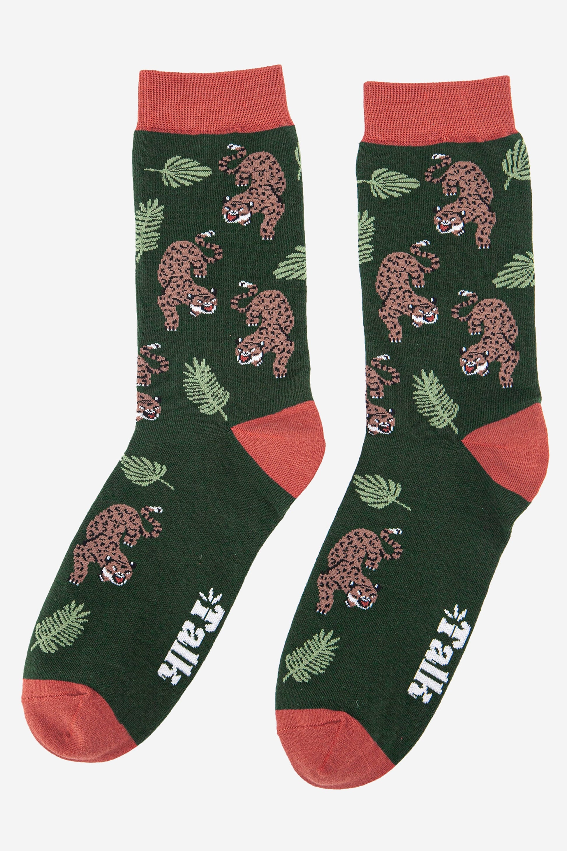 mens cheetah print bamboo socks in green with orange toe, heel and cuff