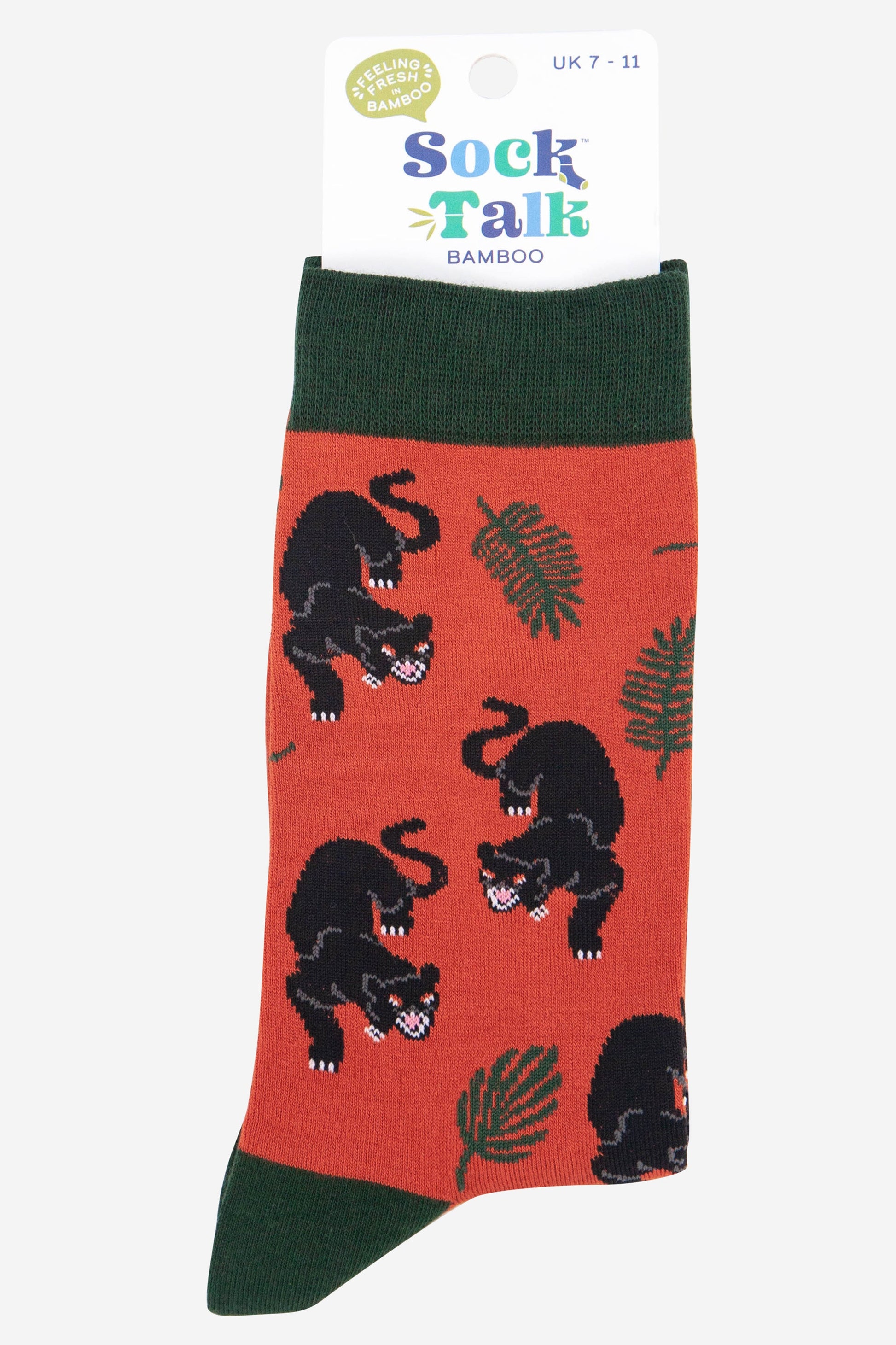 mens black panther and jungle leaf print bamboo socks in orange uk size 7-11
