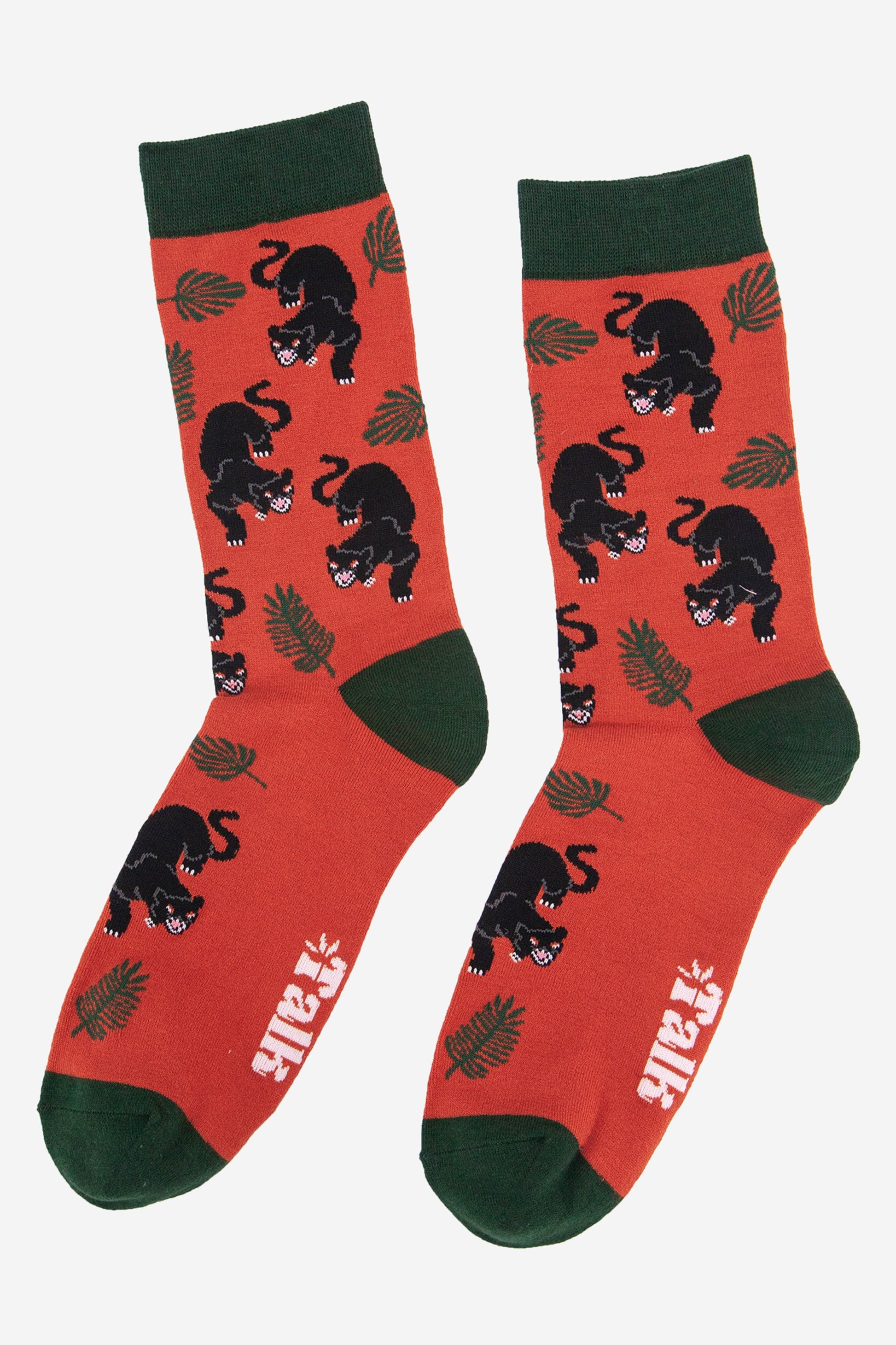 mens prowling panther bamboo socks in orange with green toe, heel and cuff