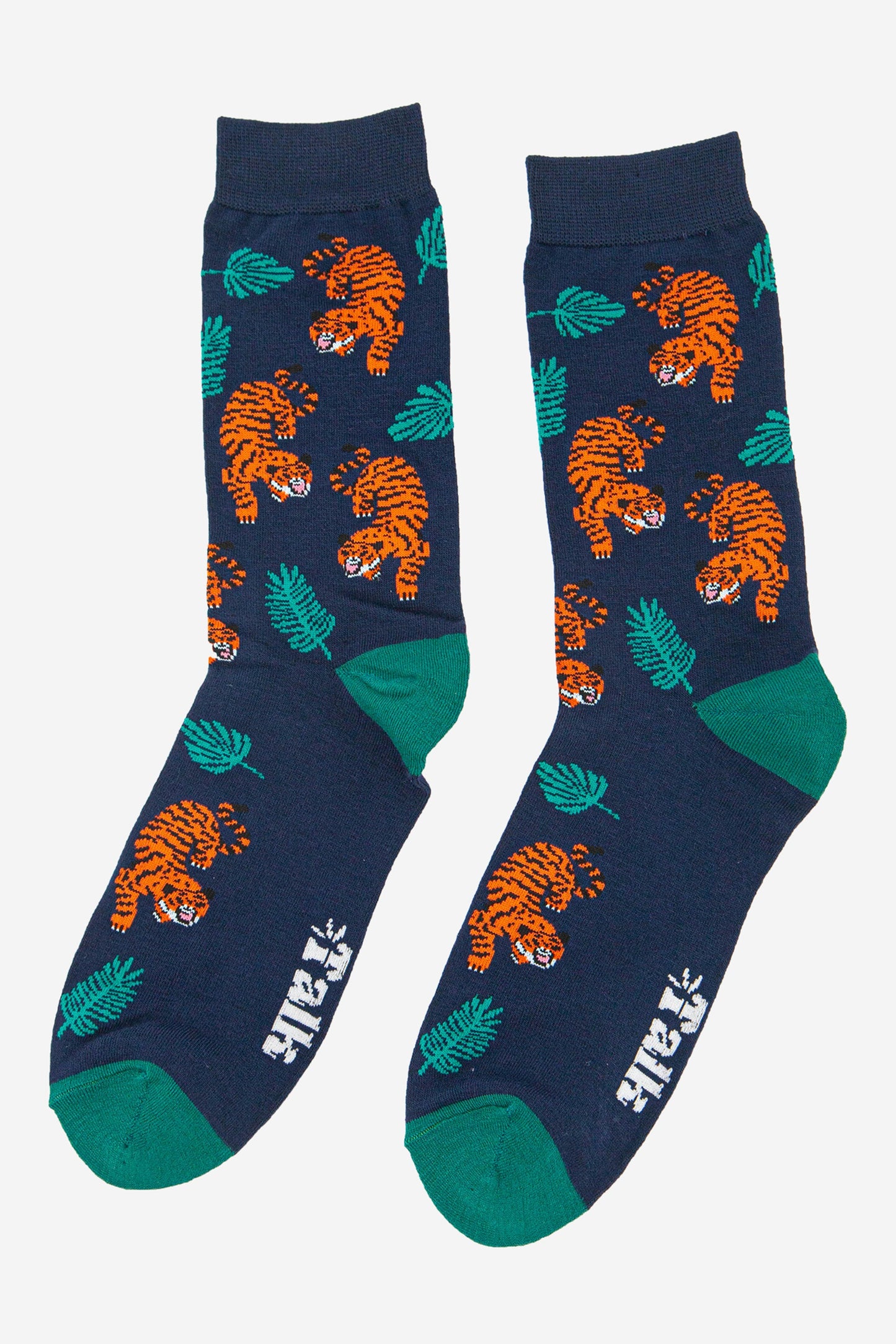 navy blue and green bamboo socks with an all over tiger big cat pattern and jungle leaves